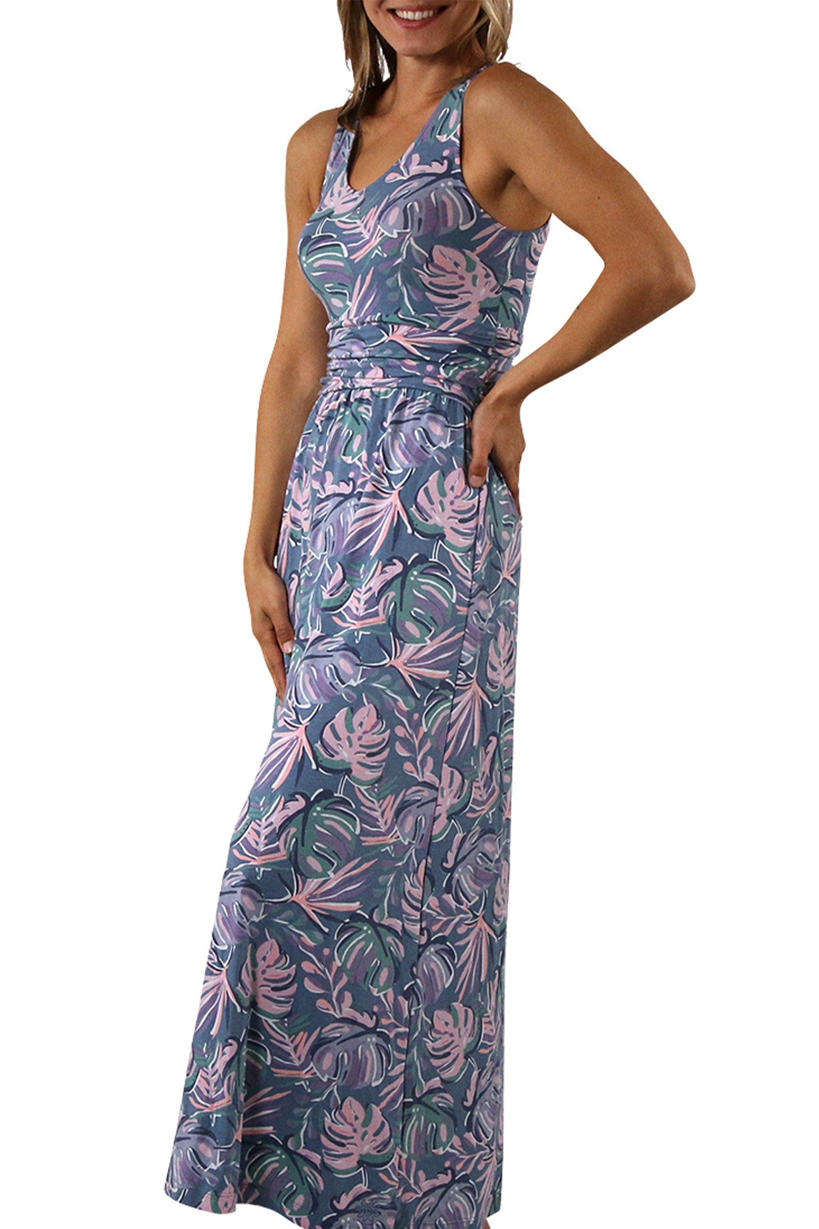 women's v-neck maxi dress in pastel palms|pastel-palms