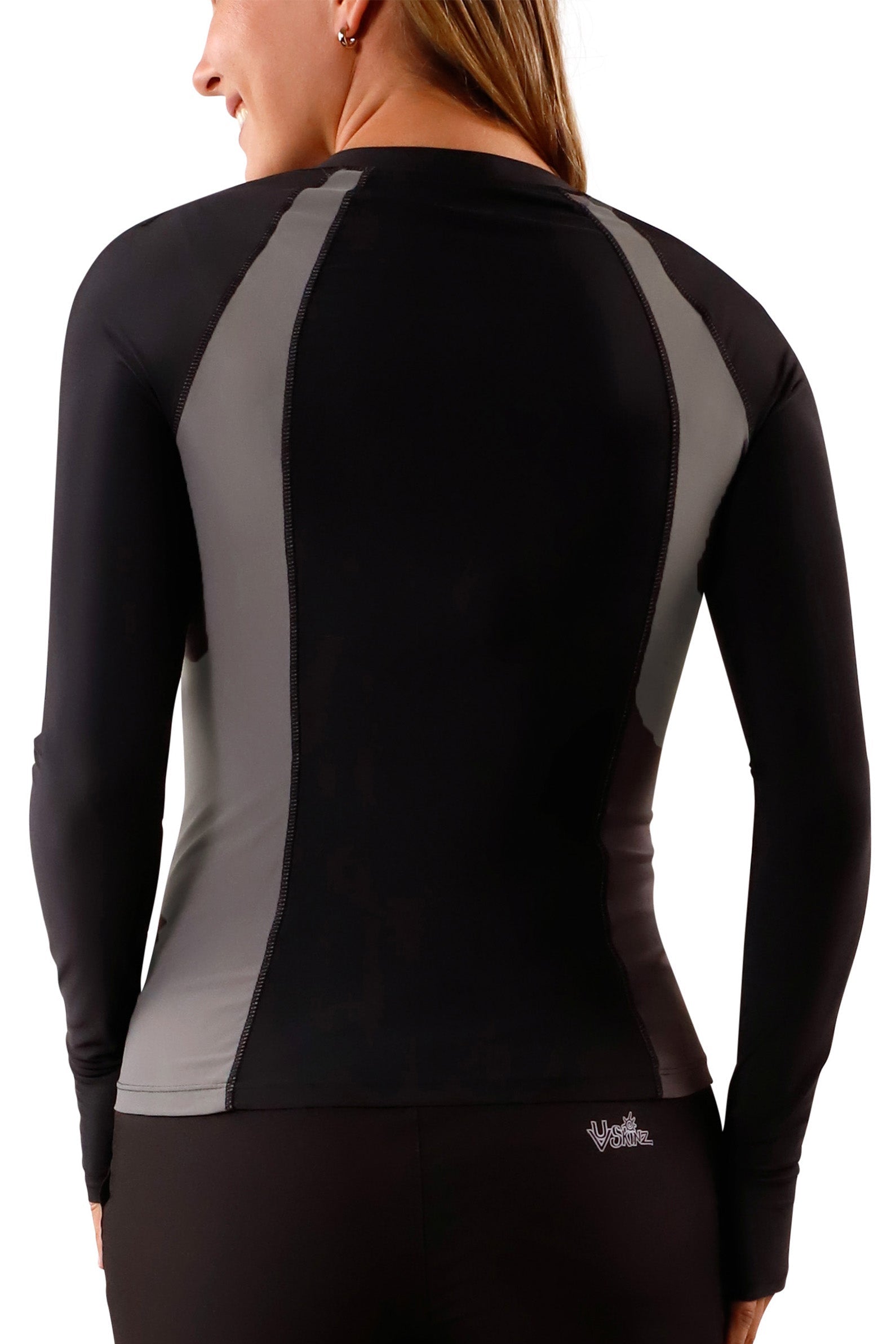 women's back long sleeve rash guard in black|black