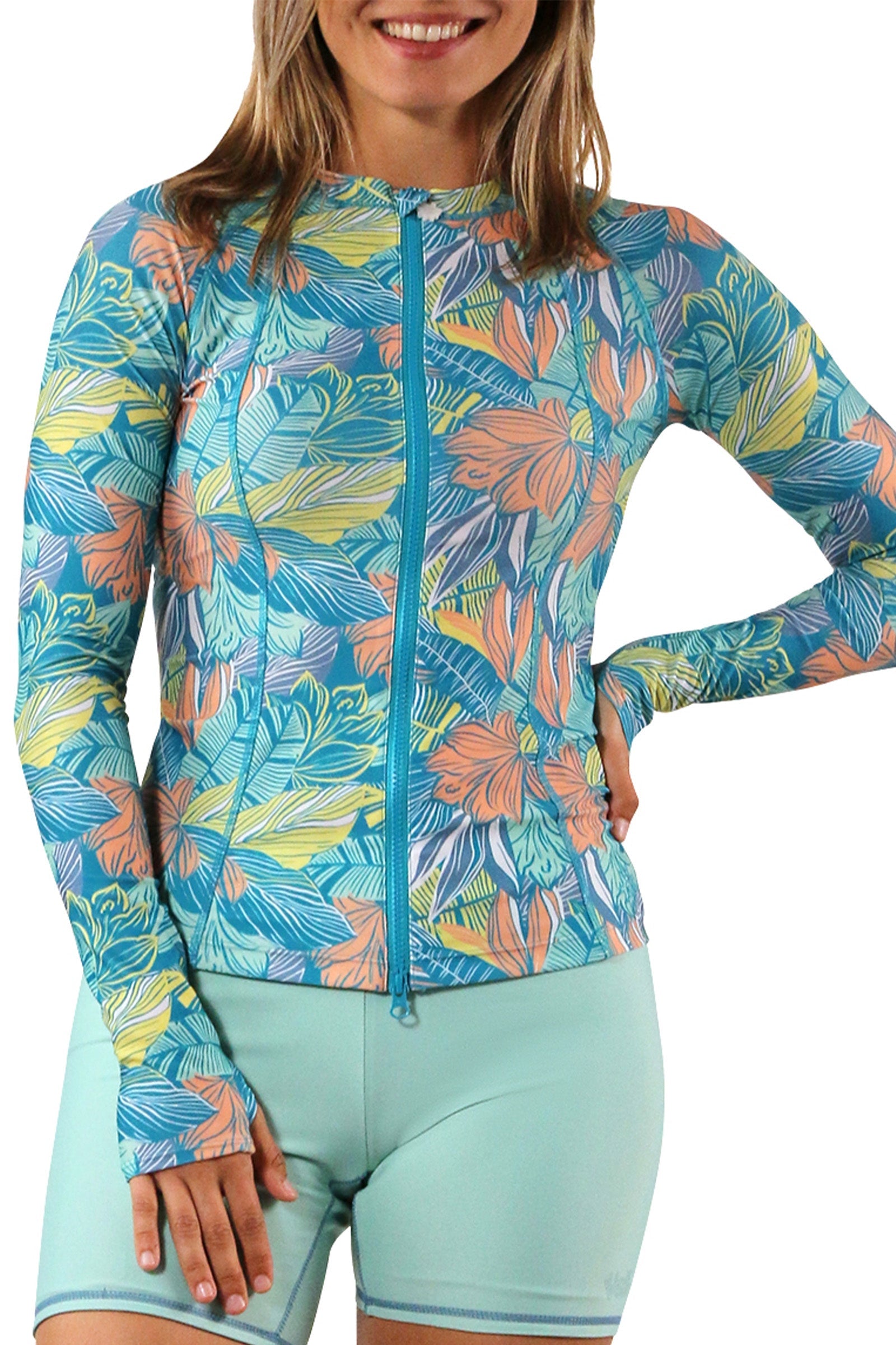 women's long sleeve rash guard in caribbean tropics|caribbean-tropics