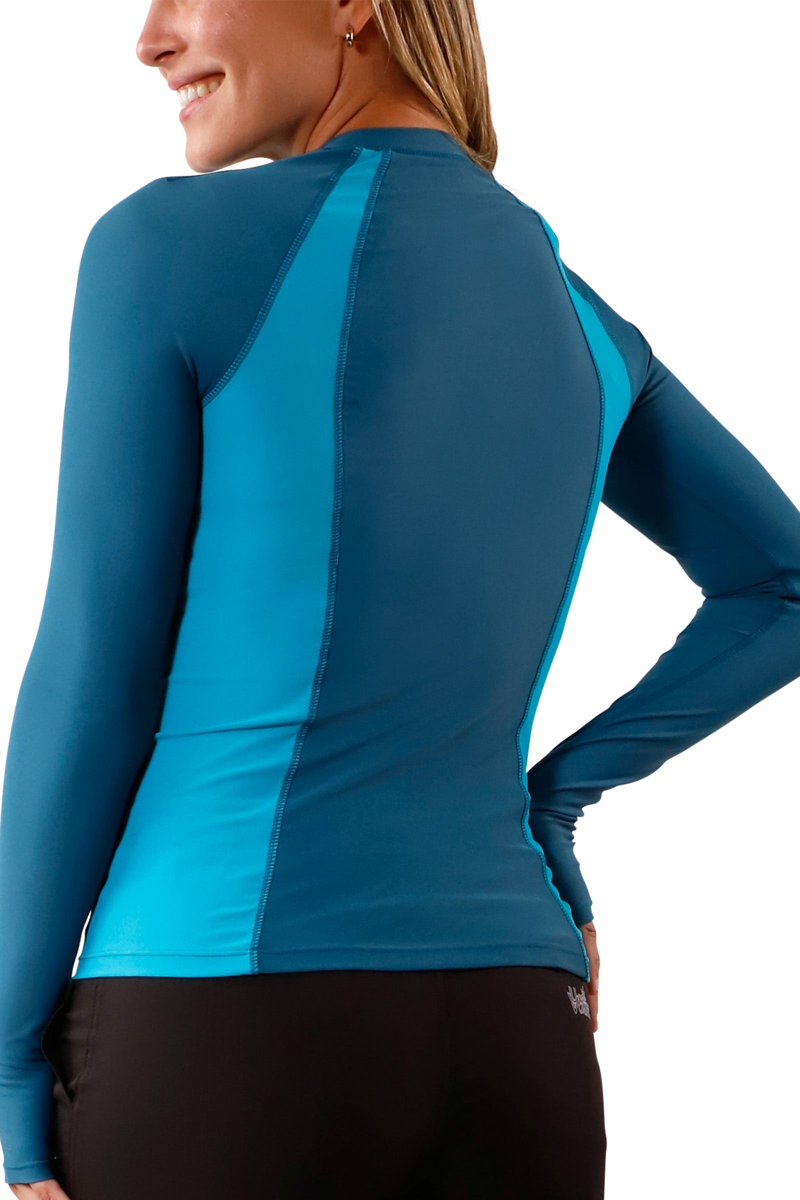 women's back long sleeve rash guard in dark teal|dark-teal