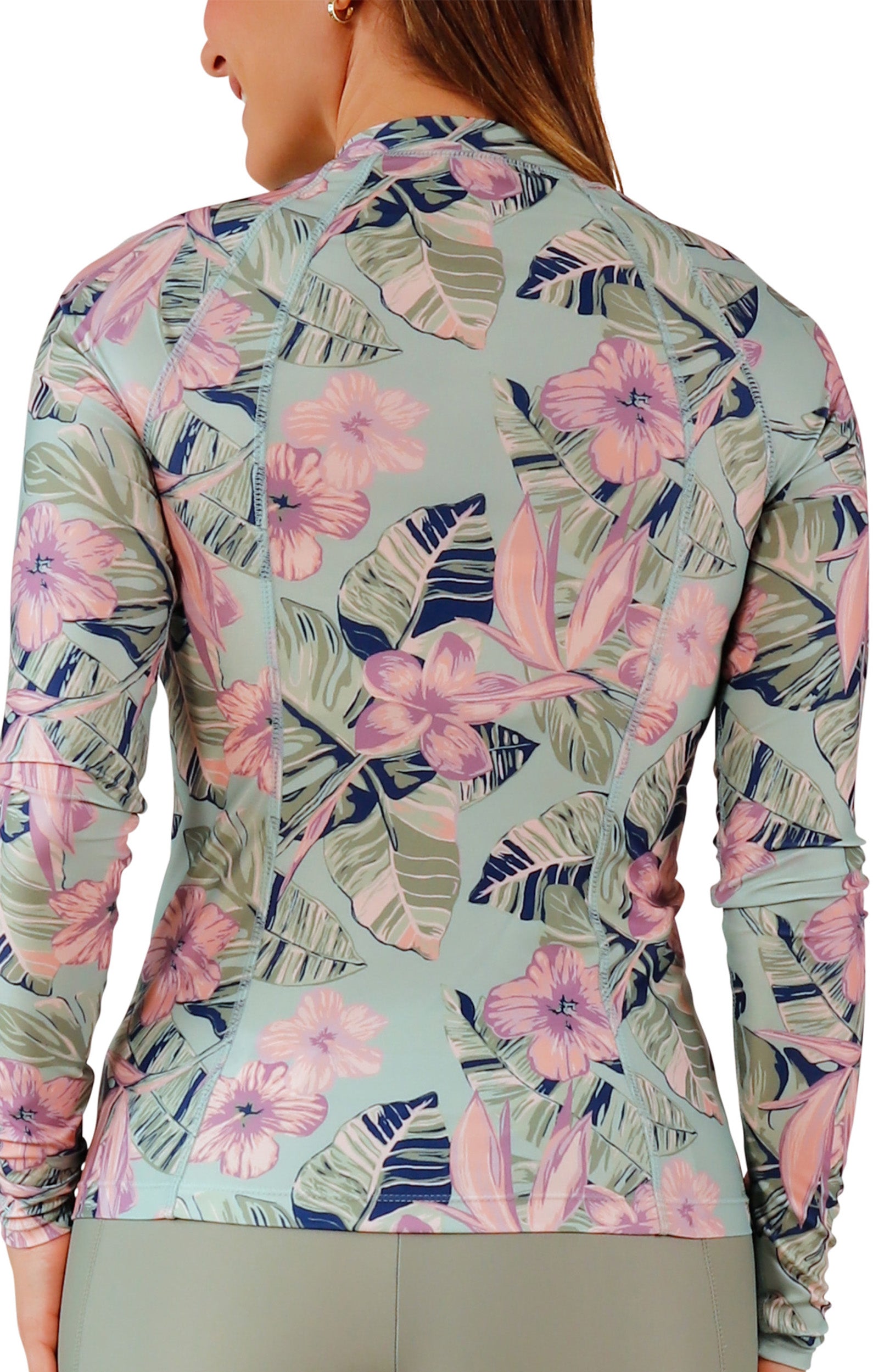 back view of womens long sleeve full zip rashguard|kona-hibiscus