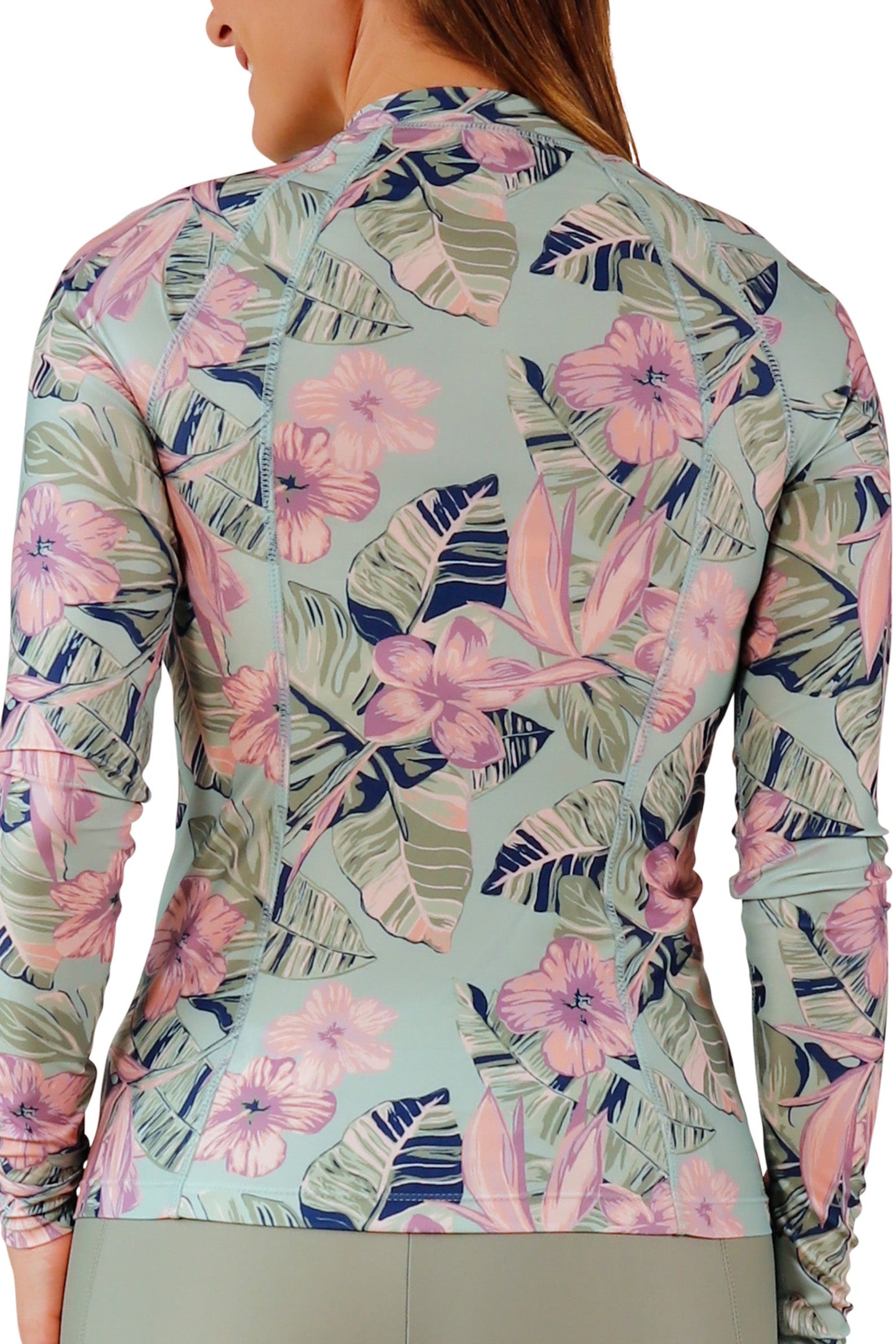 back view of womens long sleeve full zip rashguard|kona-hibiscus