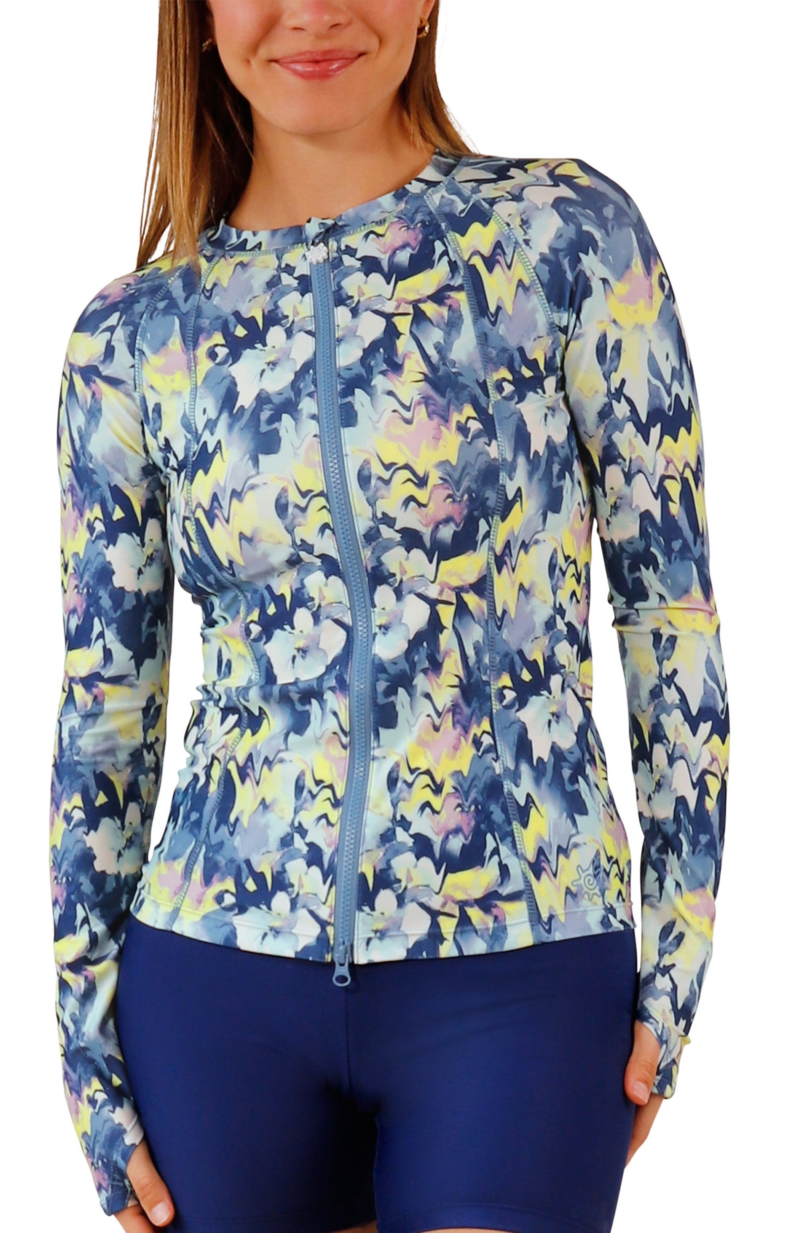 womens long sleeve full zip rashguard|marbled-floral