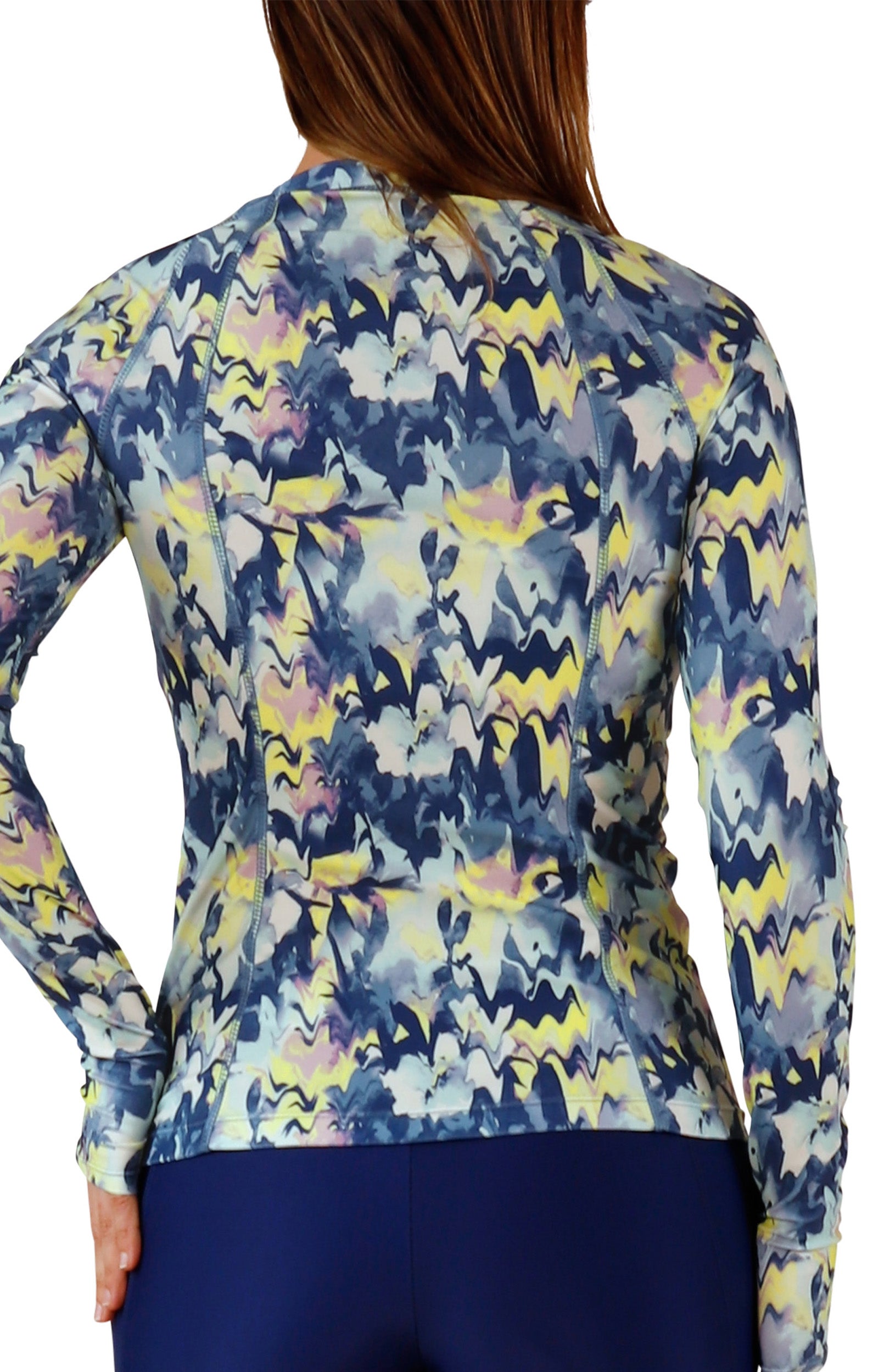 back view of womens long sleeve full zip rashguard|marbled-floral