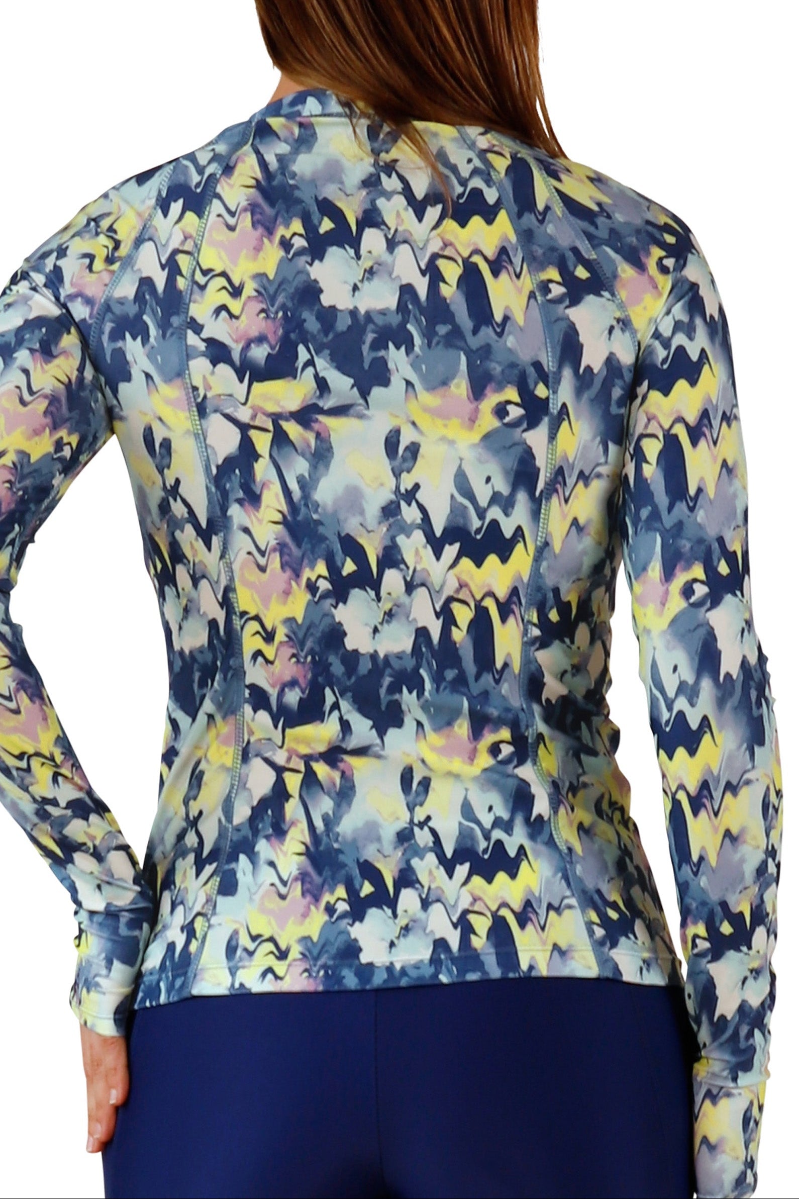 back view of womens long sleeve full zip rashguard|marbled-floral