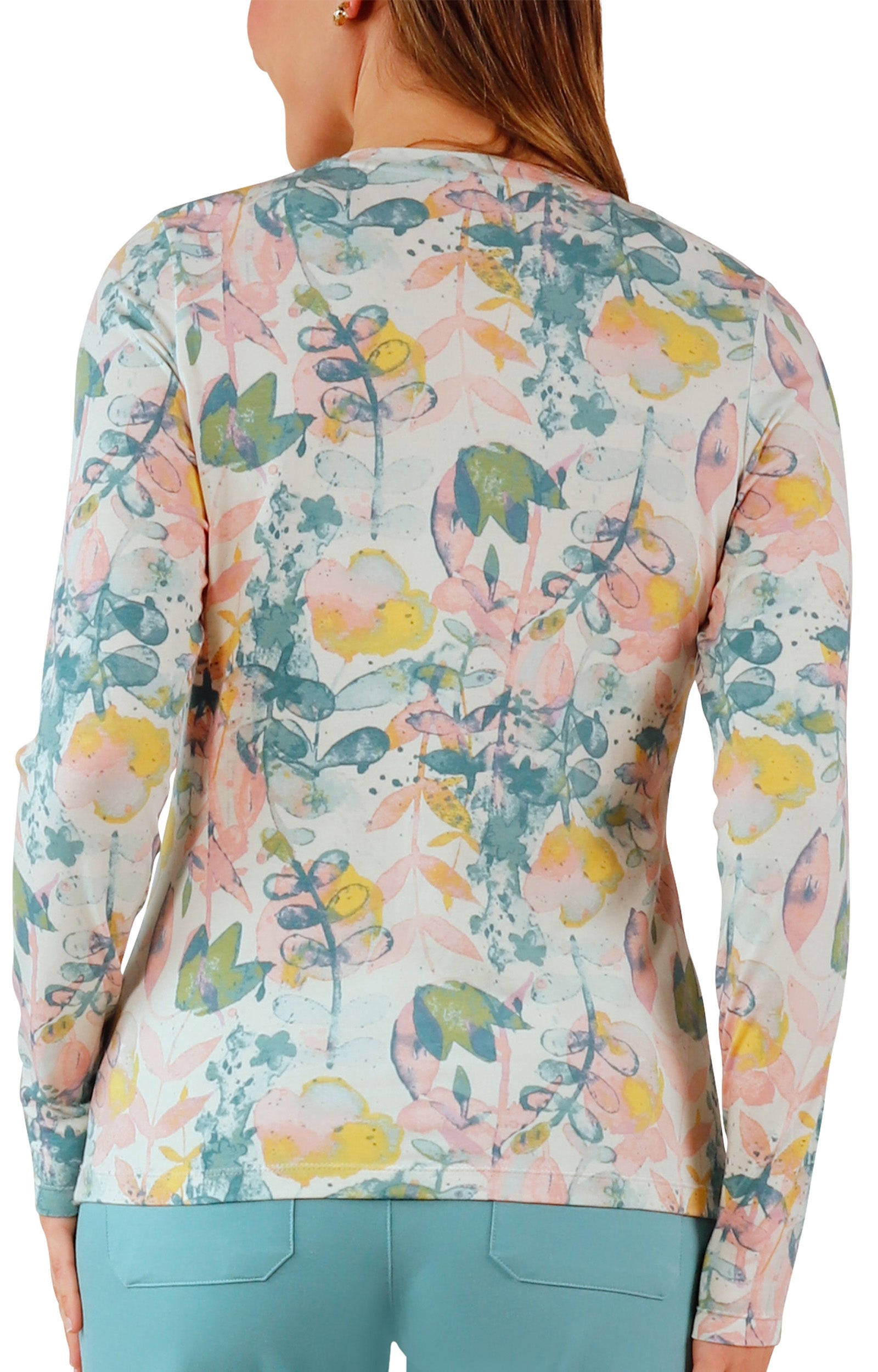 back view of womens long sleeve everyday tee in pressed flora|pressed-flora