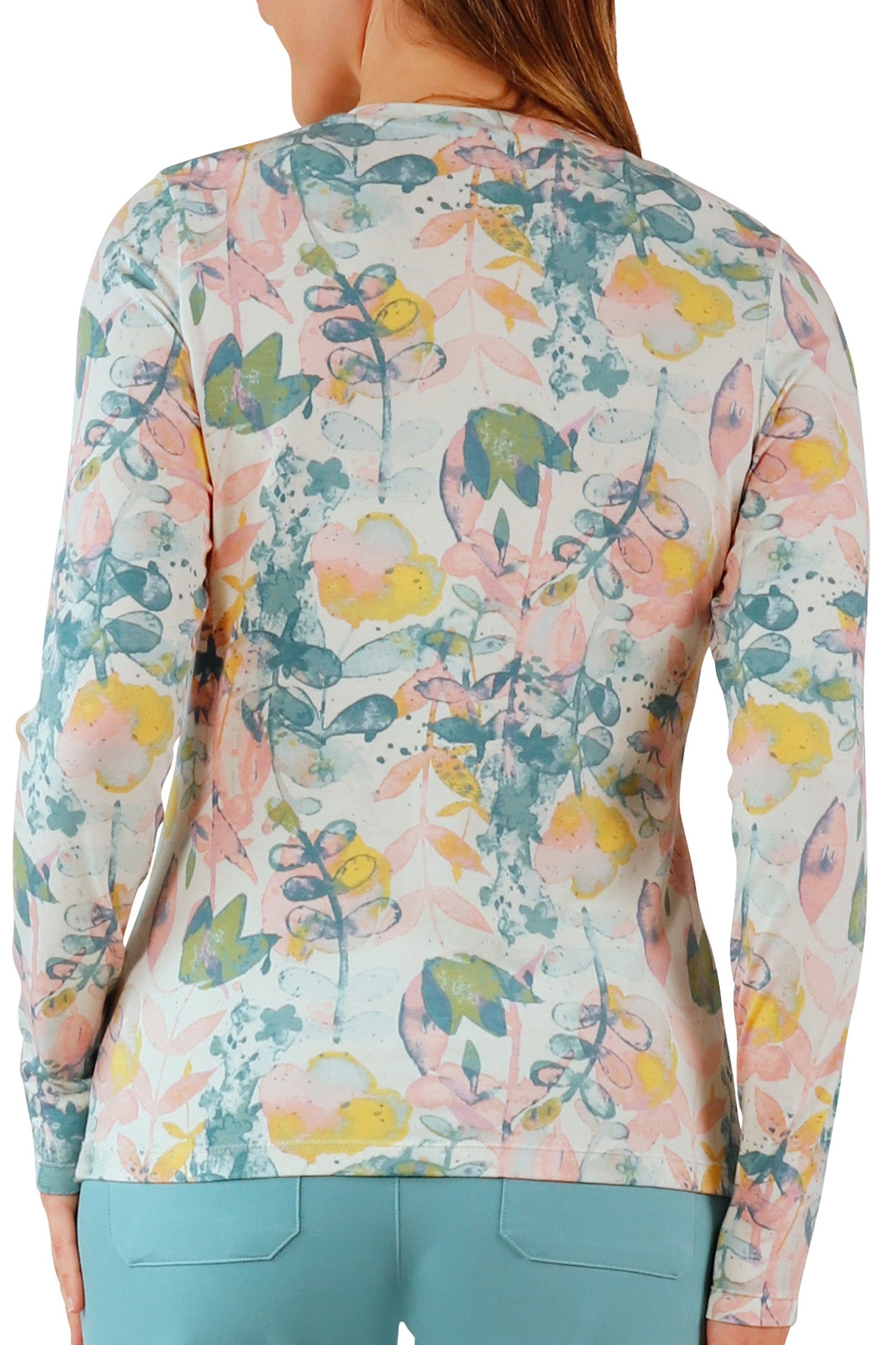 back view of womens long sleeve everyday tee in pressed flora|pressed-flora
