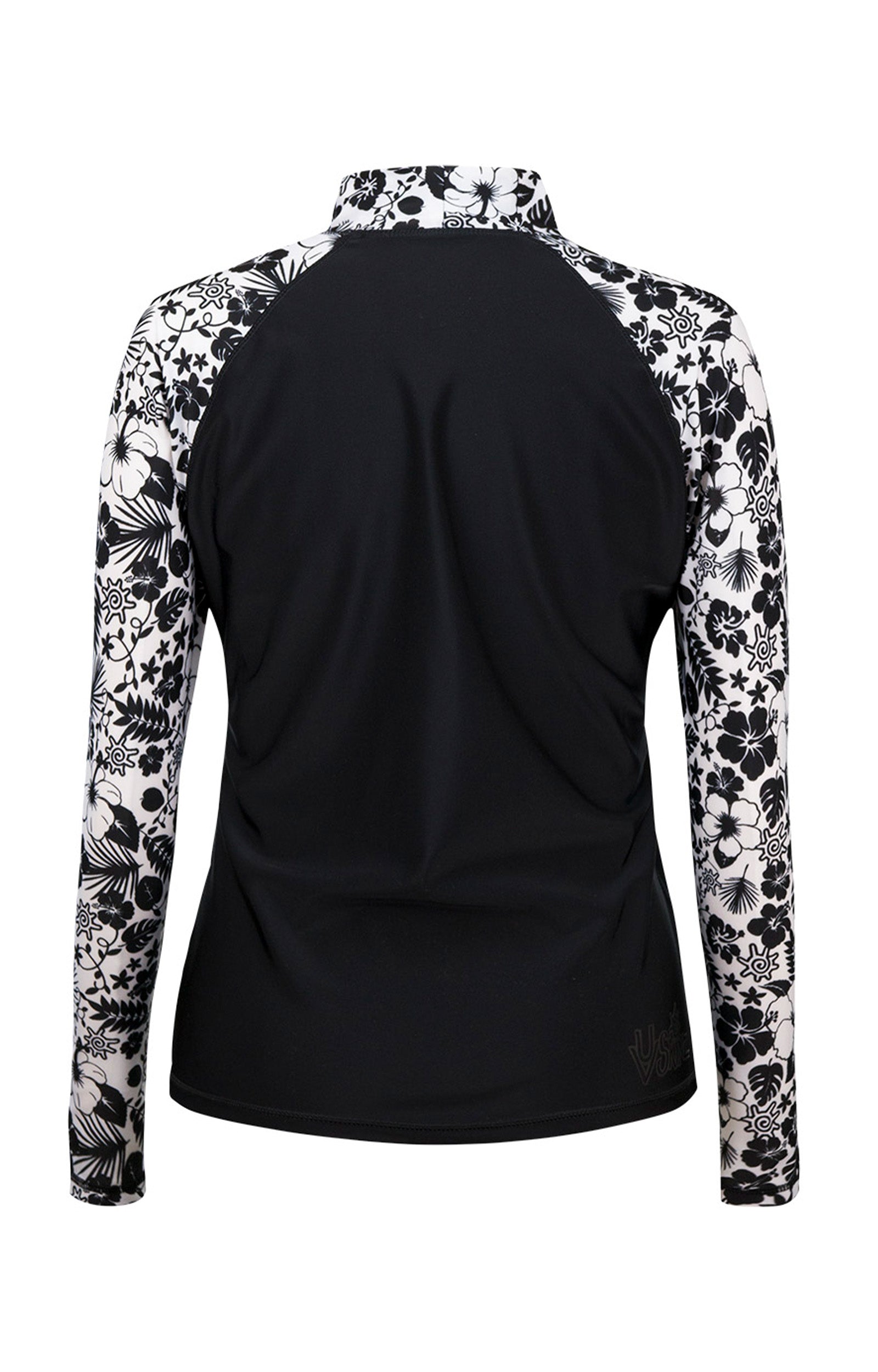 Back of the Women's Aloha Long Sleeve Sun & Swim Shirt in Black Aloha|black-aloha