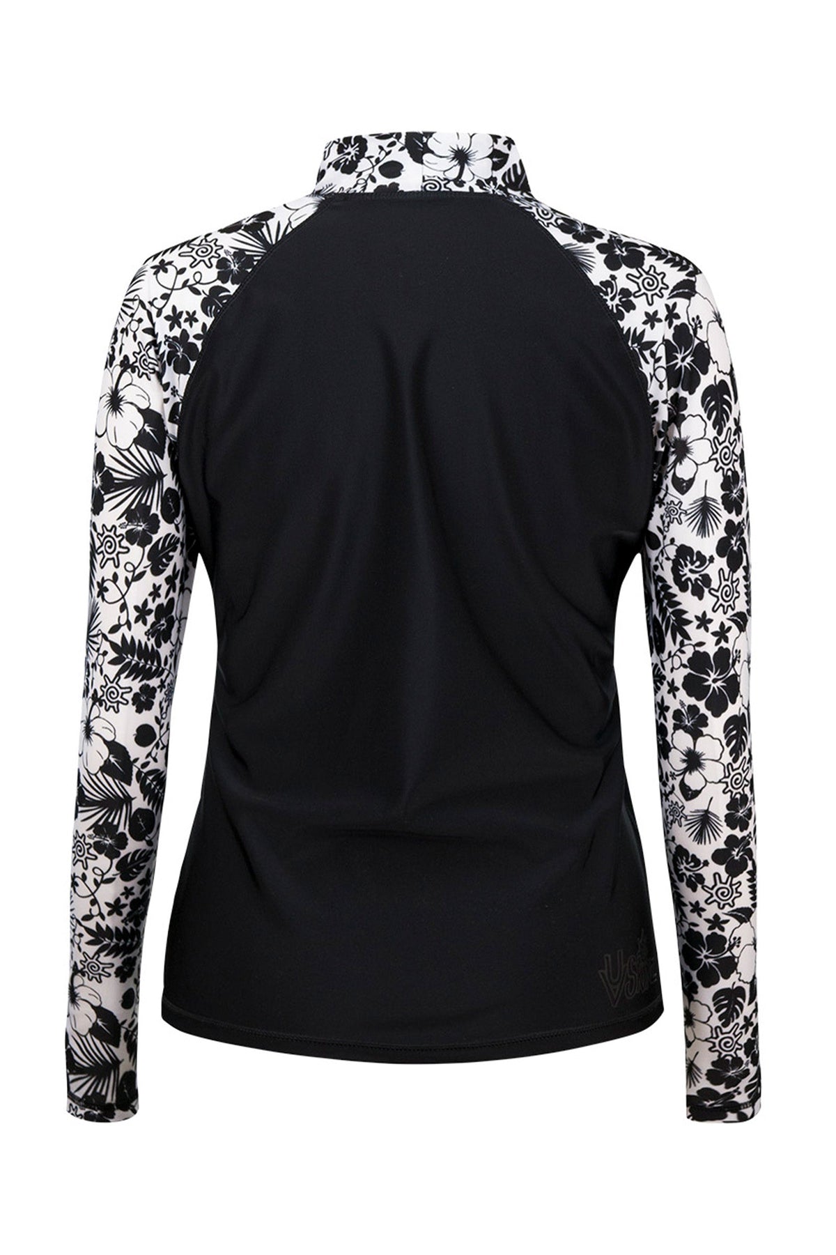Back of the Women's Aloha Long Sleeve Sun & Swim Shirt in Black Aloha|black-aloha