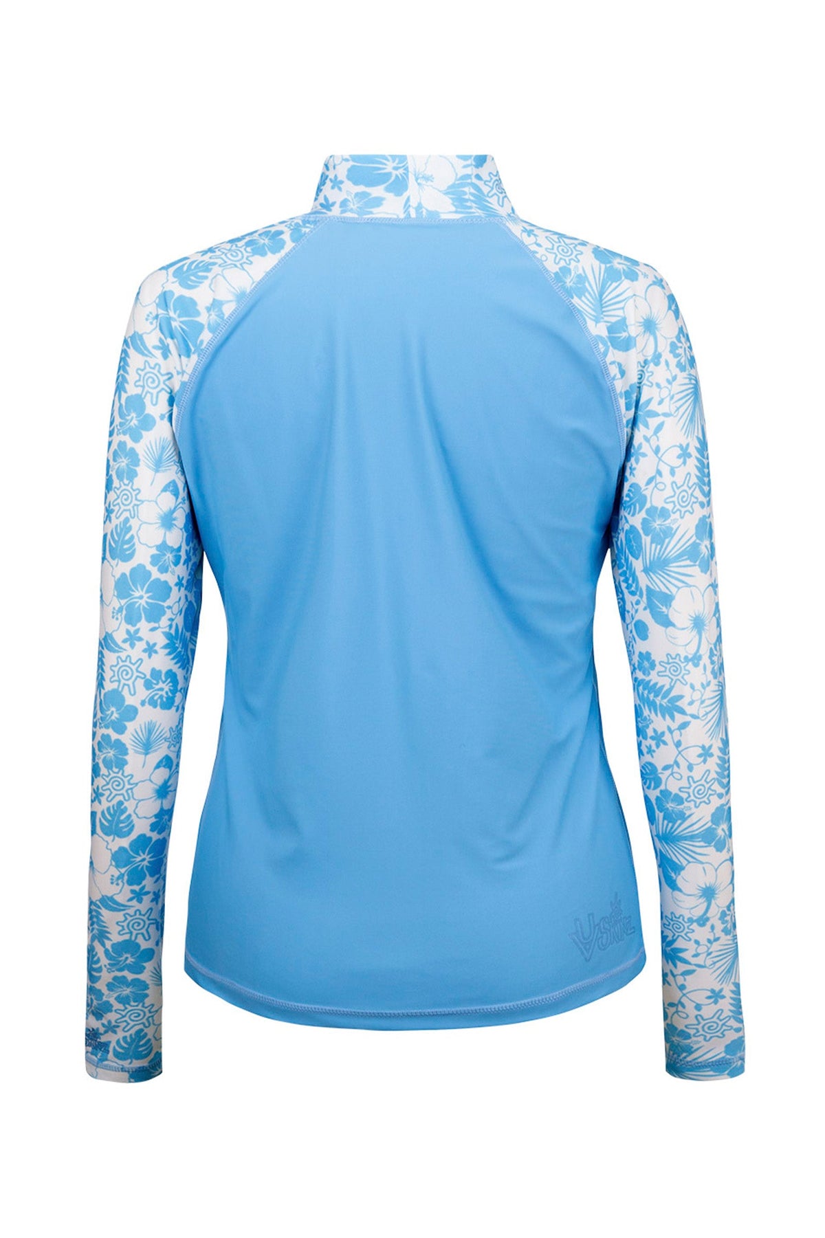 Back of the Women's Aloha Long Sleeve Sun & Swim Shirt in Sky Blue Aloha|sky-blue-aloha