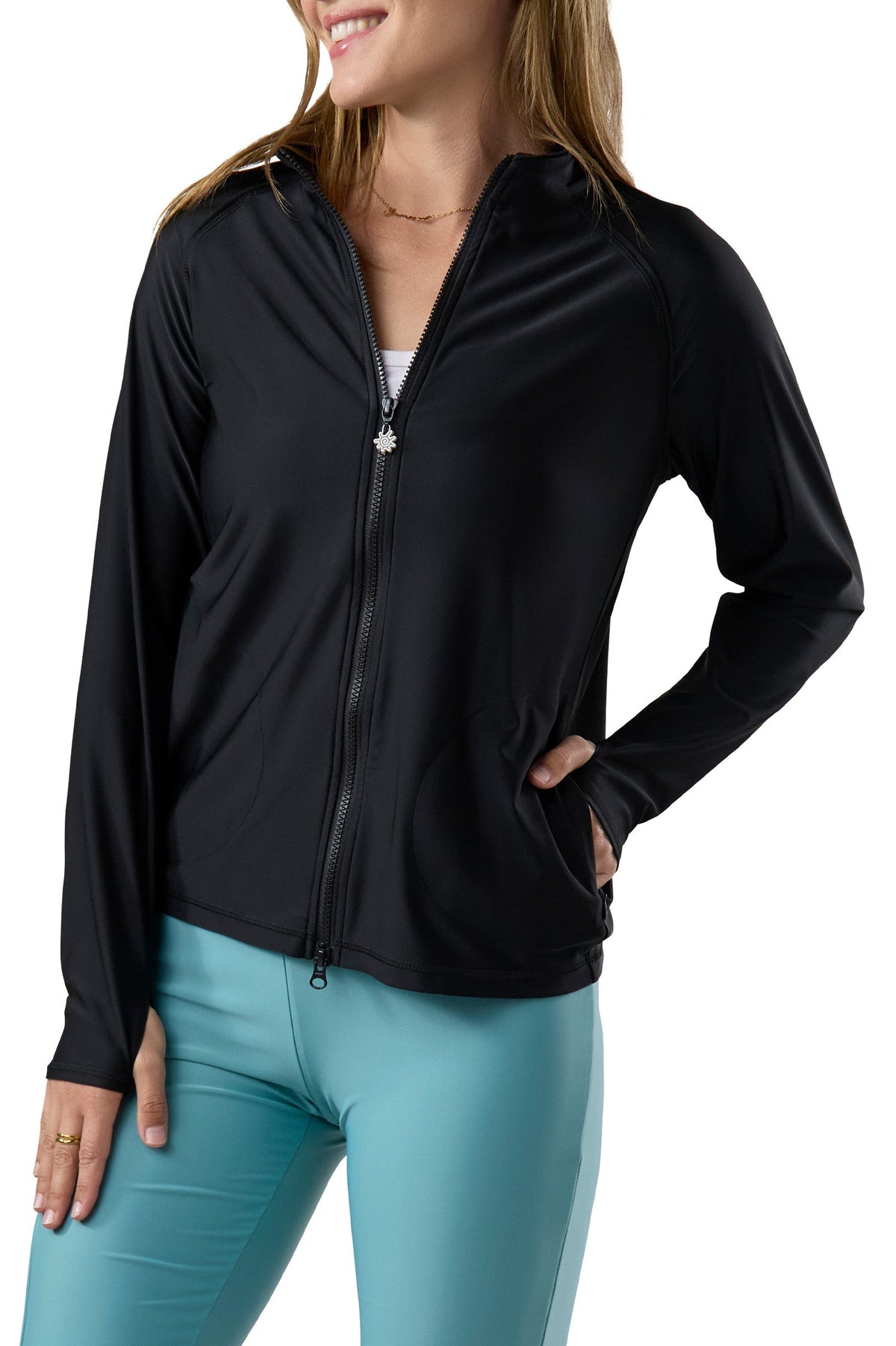back of the women's swim jacket in black|black