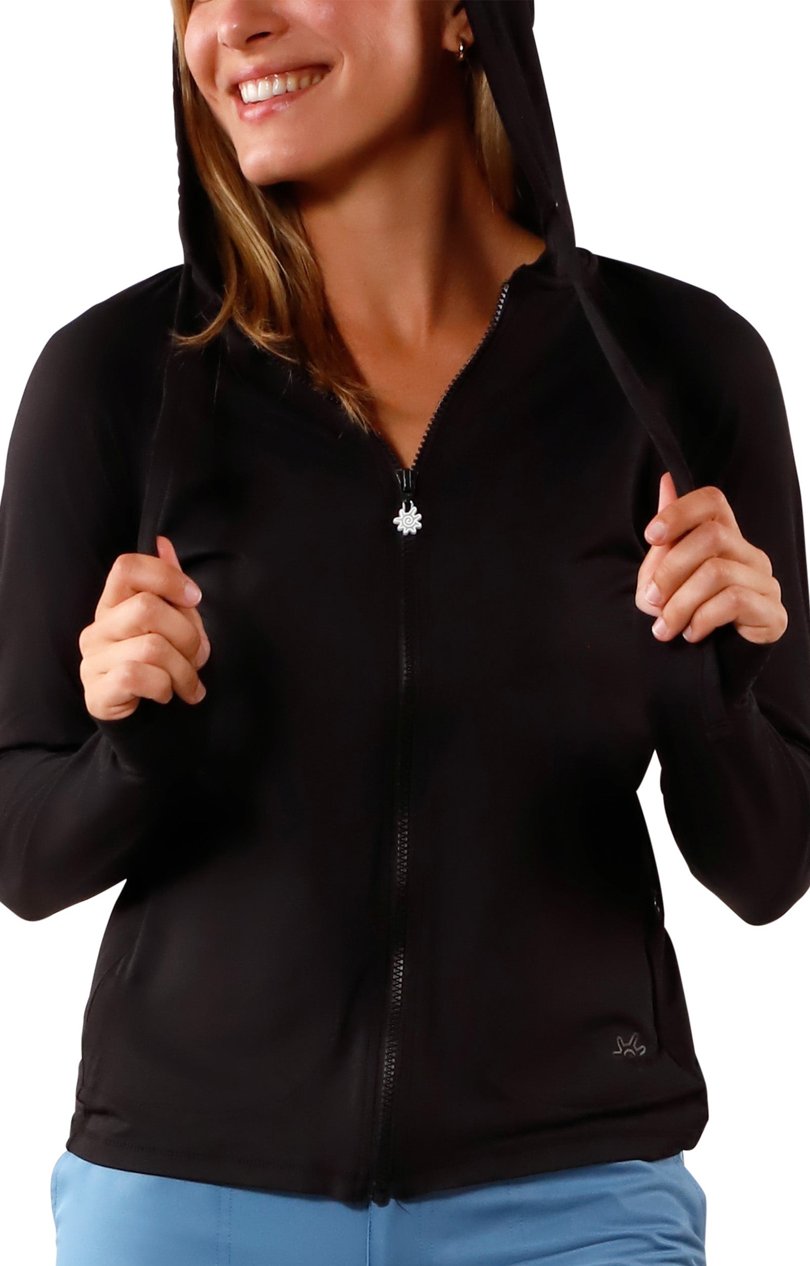 UV Skinz's women's hood-up hooded water jacket in black|black