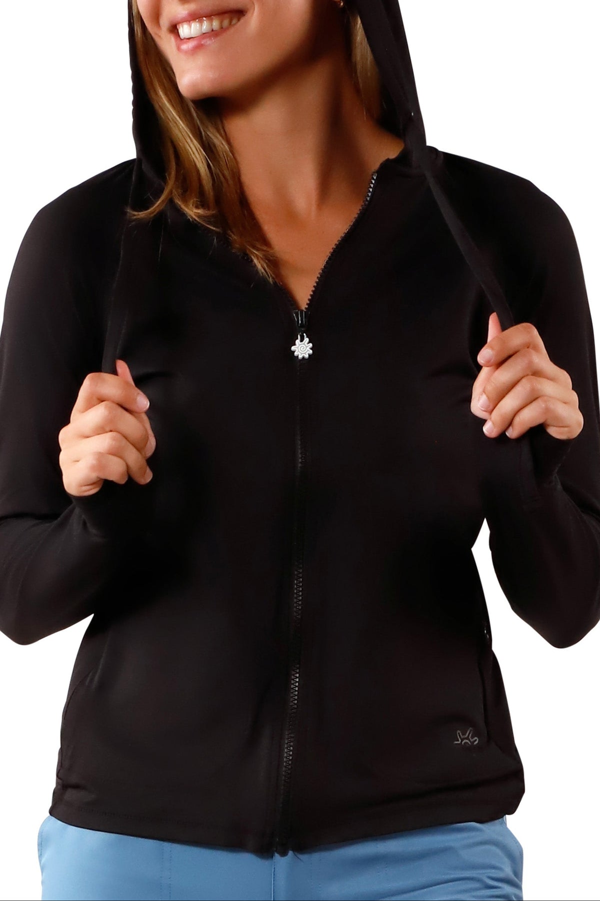 UV Skinz's women's hood-up hooded water jacket in black|black