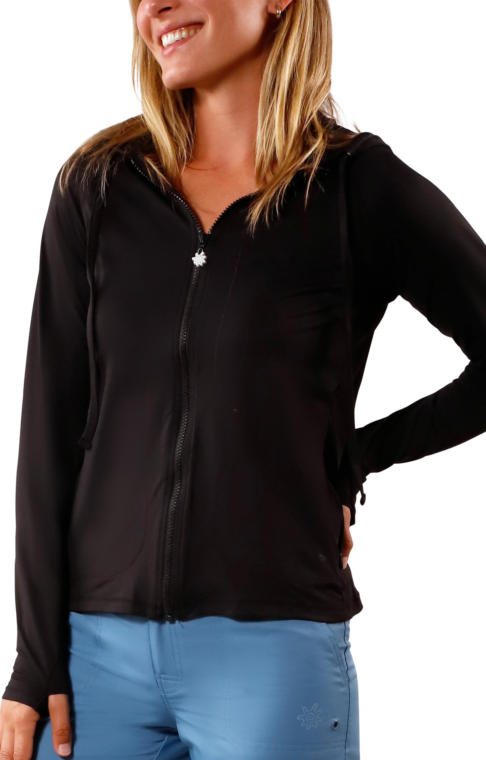 UV Skinz's women's front hooded water jacket in black|black