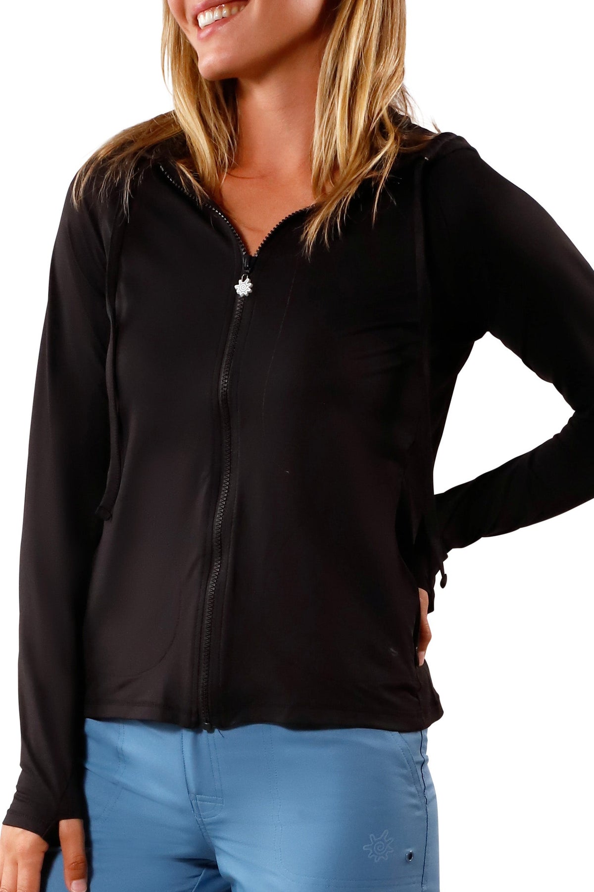 UV Skinz's women's front hooded water jacket in black|black