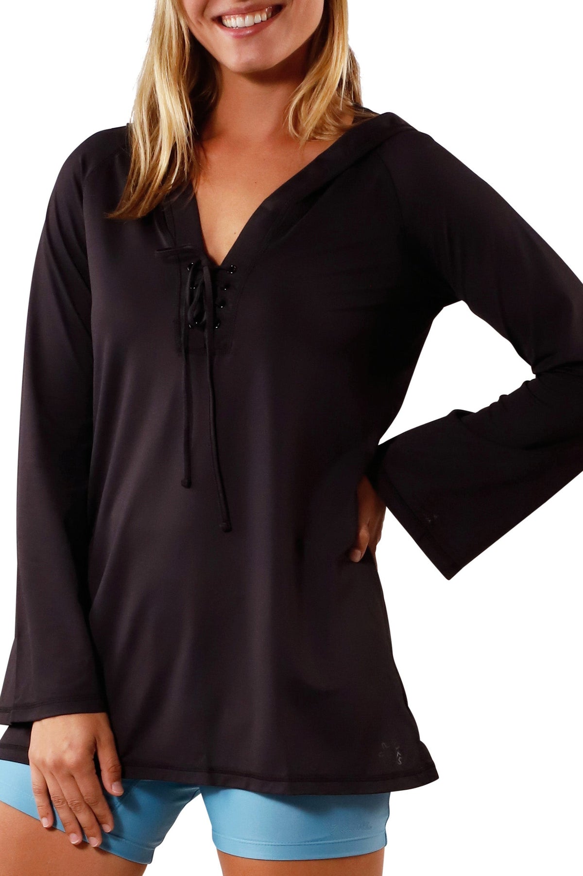 Woman in UV Skinz's Women's Hooded Beach Cover Up|black