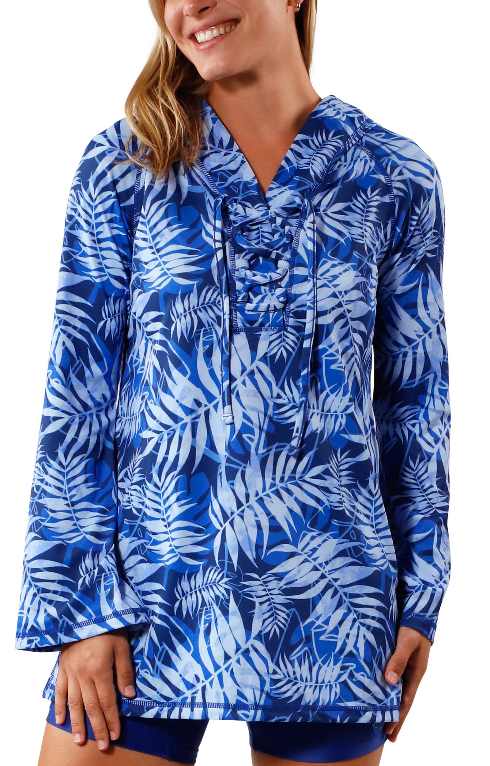 Women's Hooded Beach Cover Up in Navy Blue Palms|navy-blue-palms