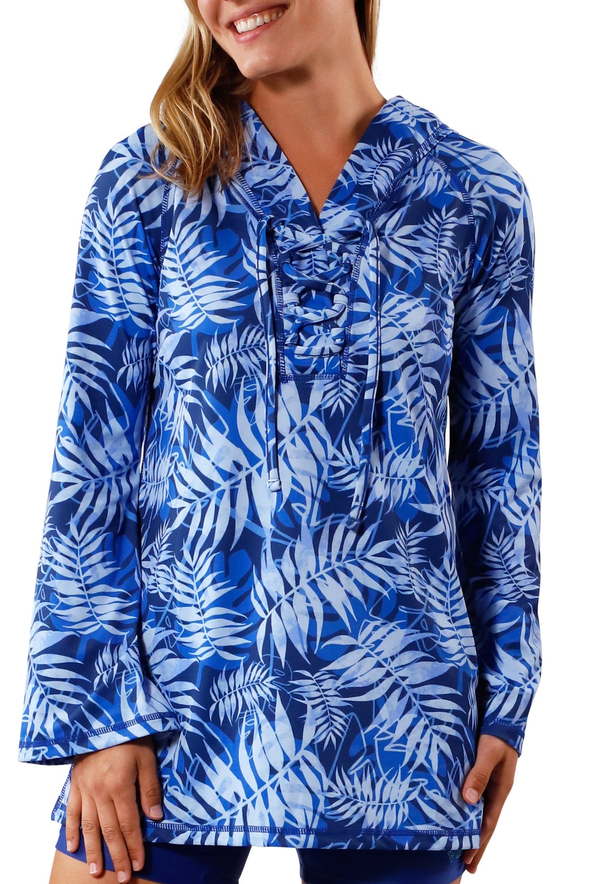 Women's Hooded Beach Cover Up in Navy Blue Palms|navy-blue-palms