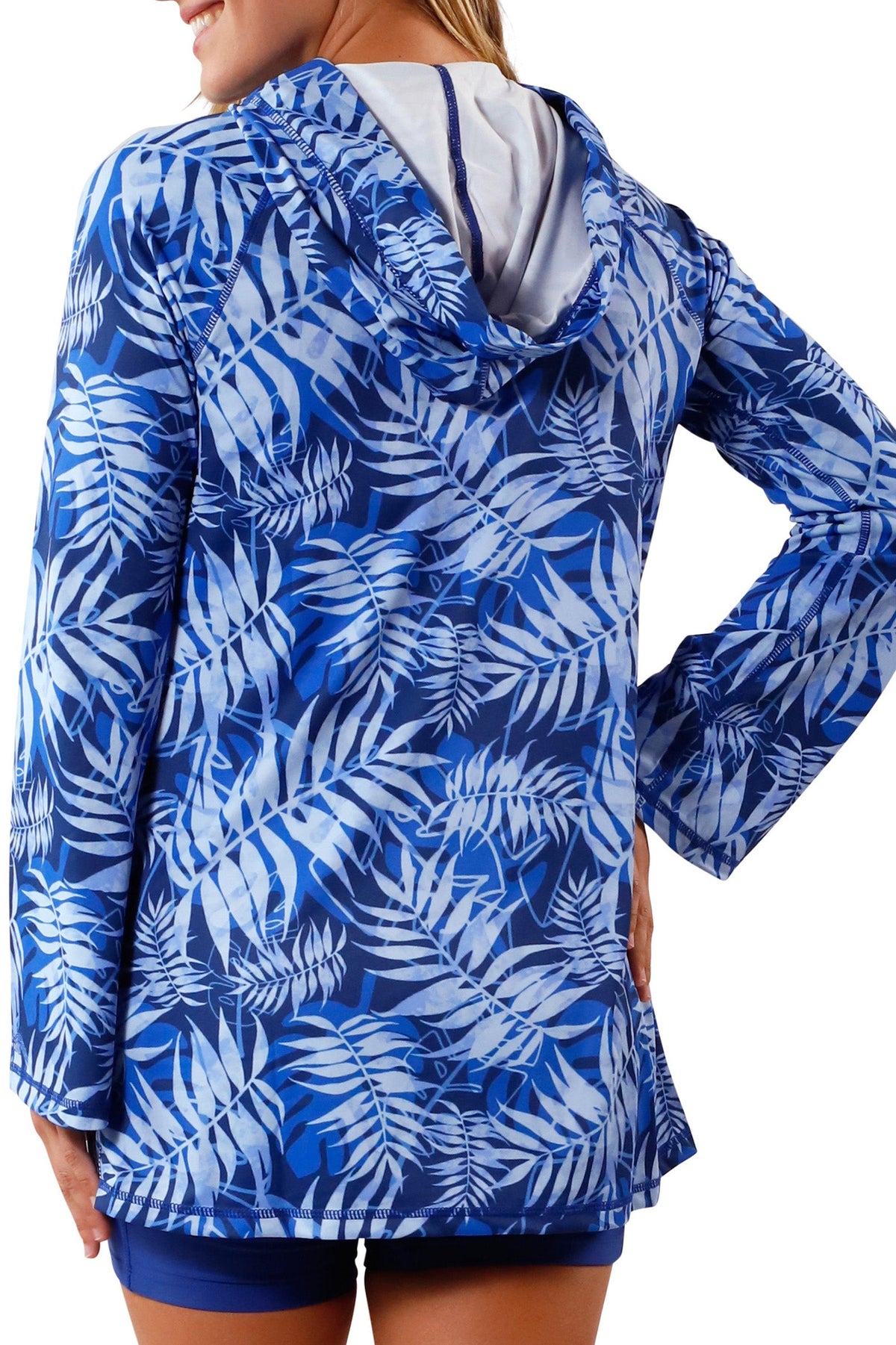 back view of Women's Hooded Beach Cover Up in Navy Blue Palms|navy-blue-palms