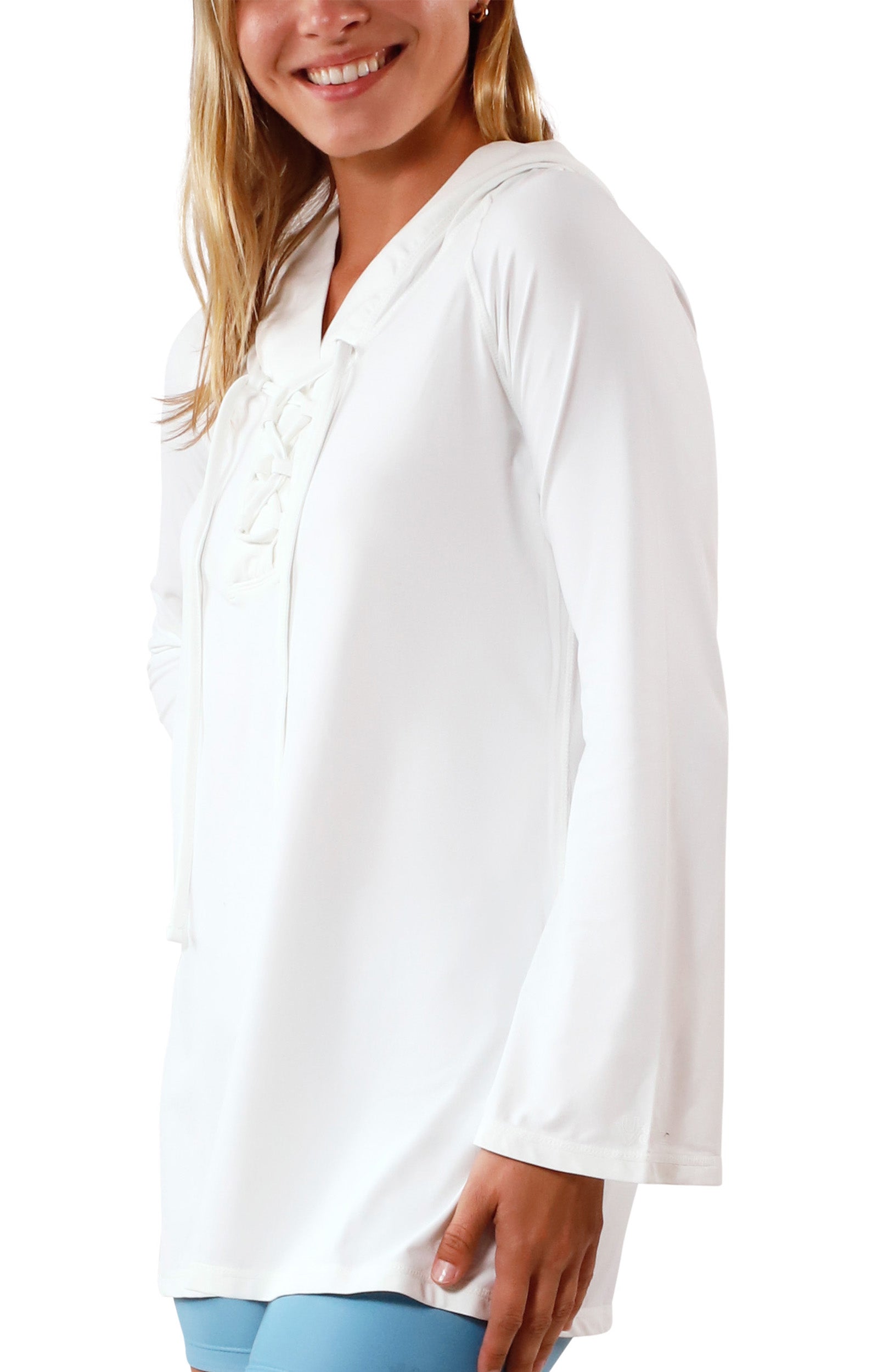 side view of Women's Hooded Beach Cover Up in White|white
