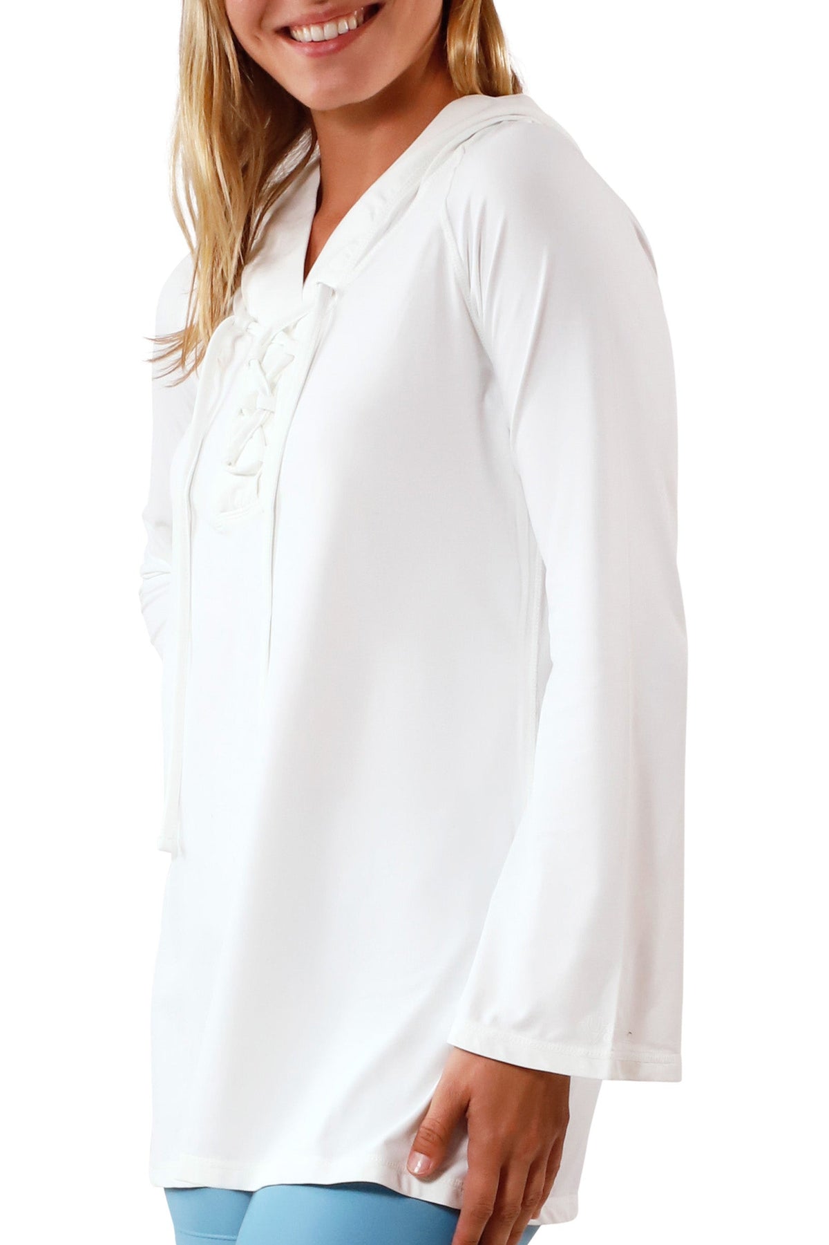 side view of Women's Hooded Beach Cover Up in White|white
