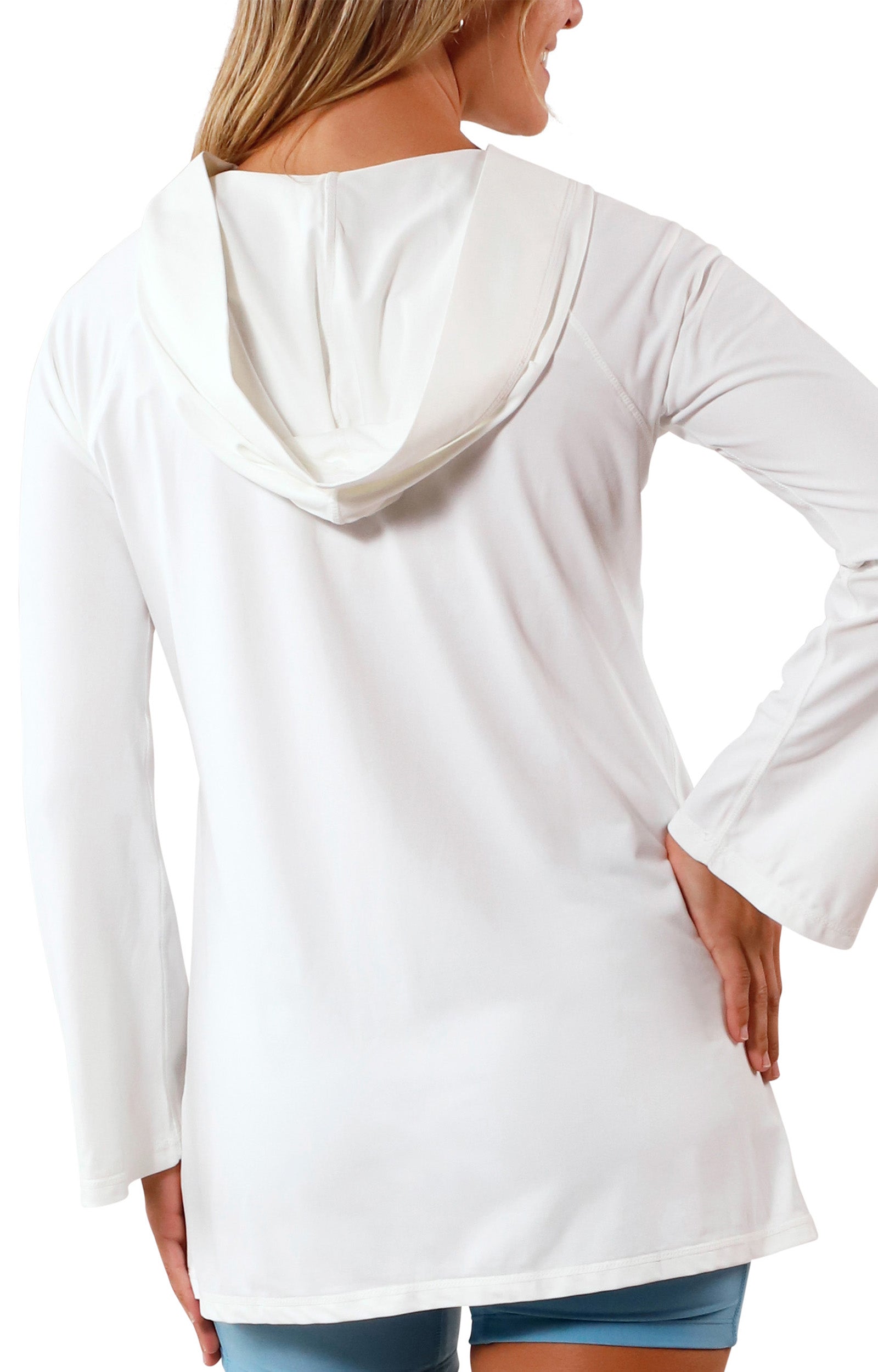 back view of Women's Hooded Beach Cover Up in White|white