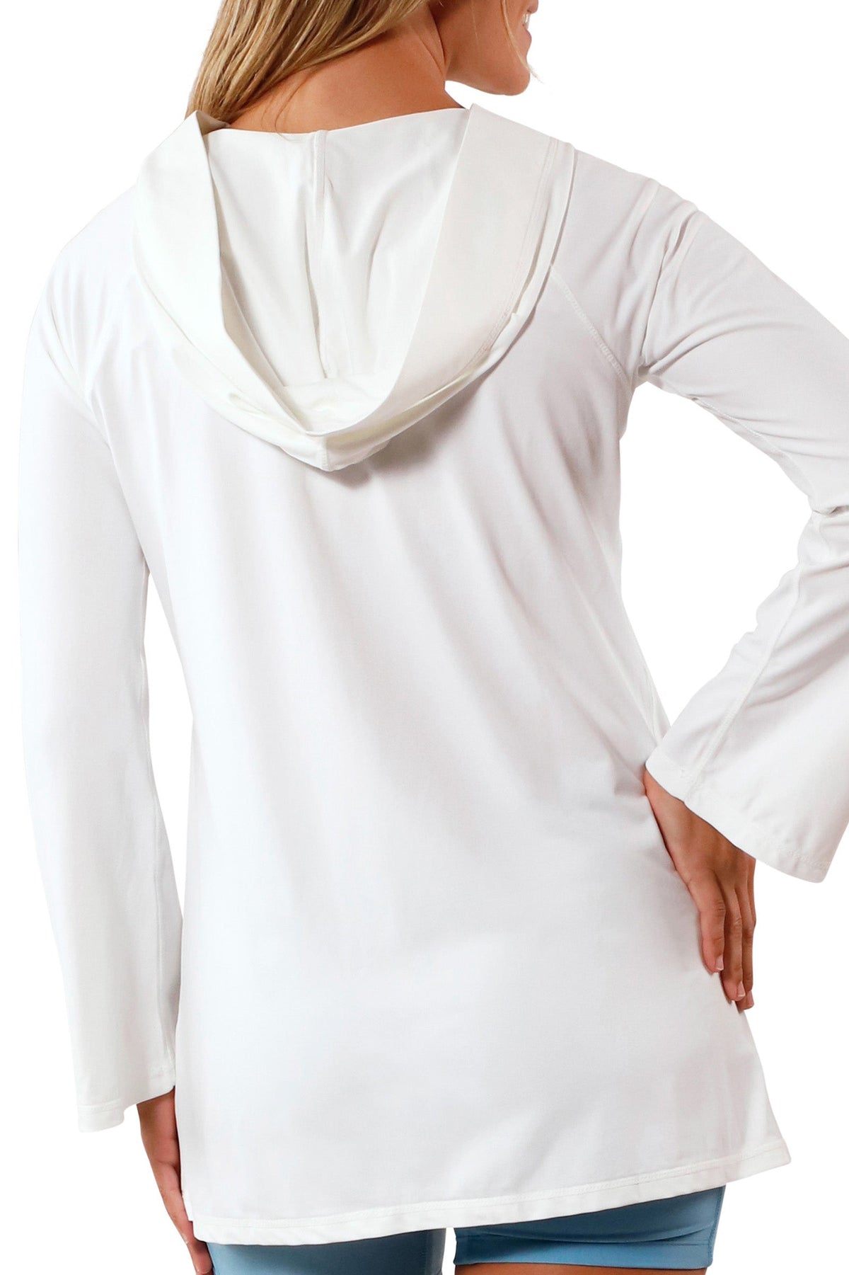 back view of Women's Hooded Beach Cover Up in White|white
