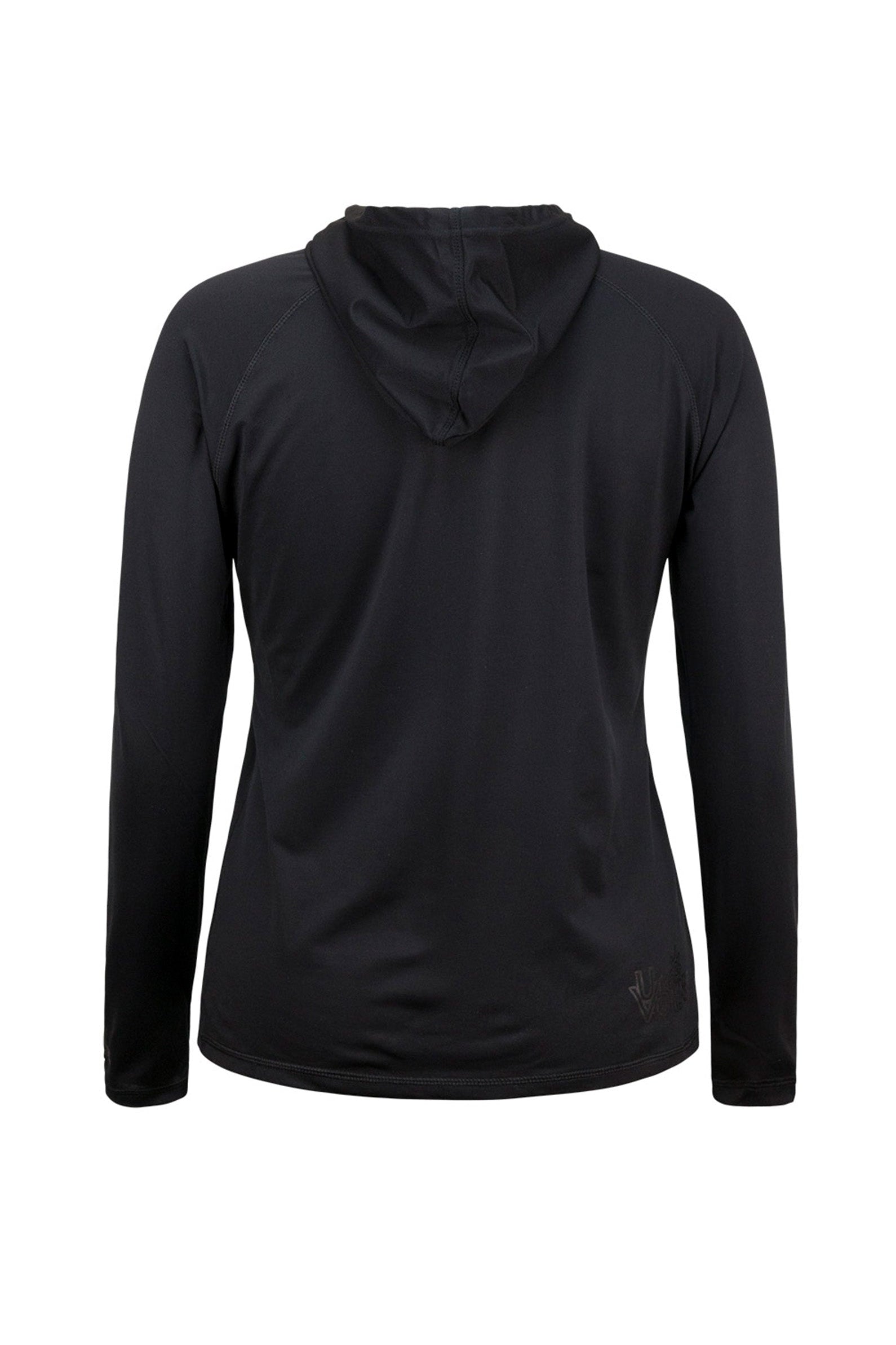 back of the women's pullover hoodie in black|black