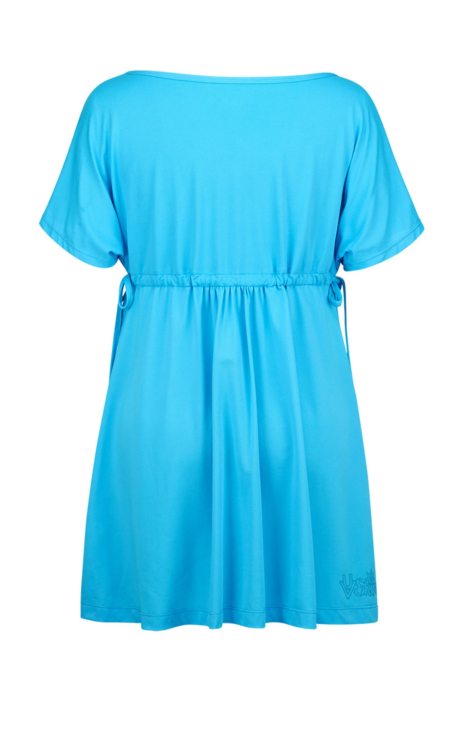 back of the women's sun dress in aqua|aqua