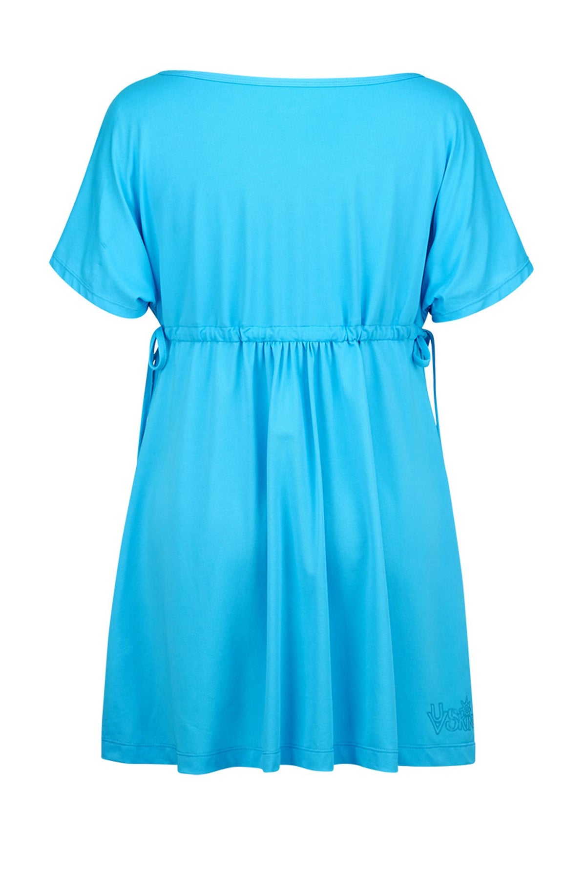back of the women's sun dress in aqua