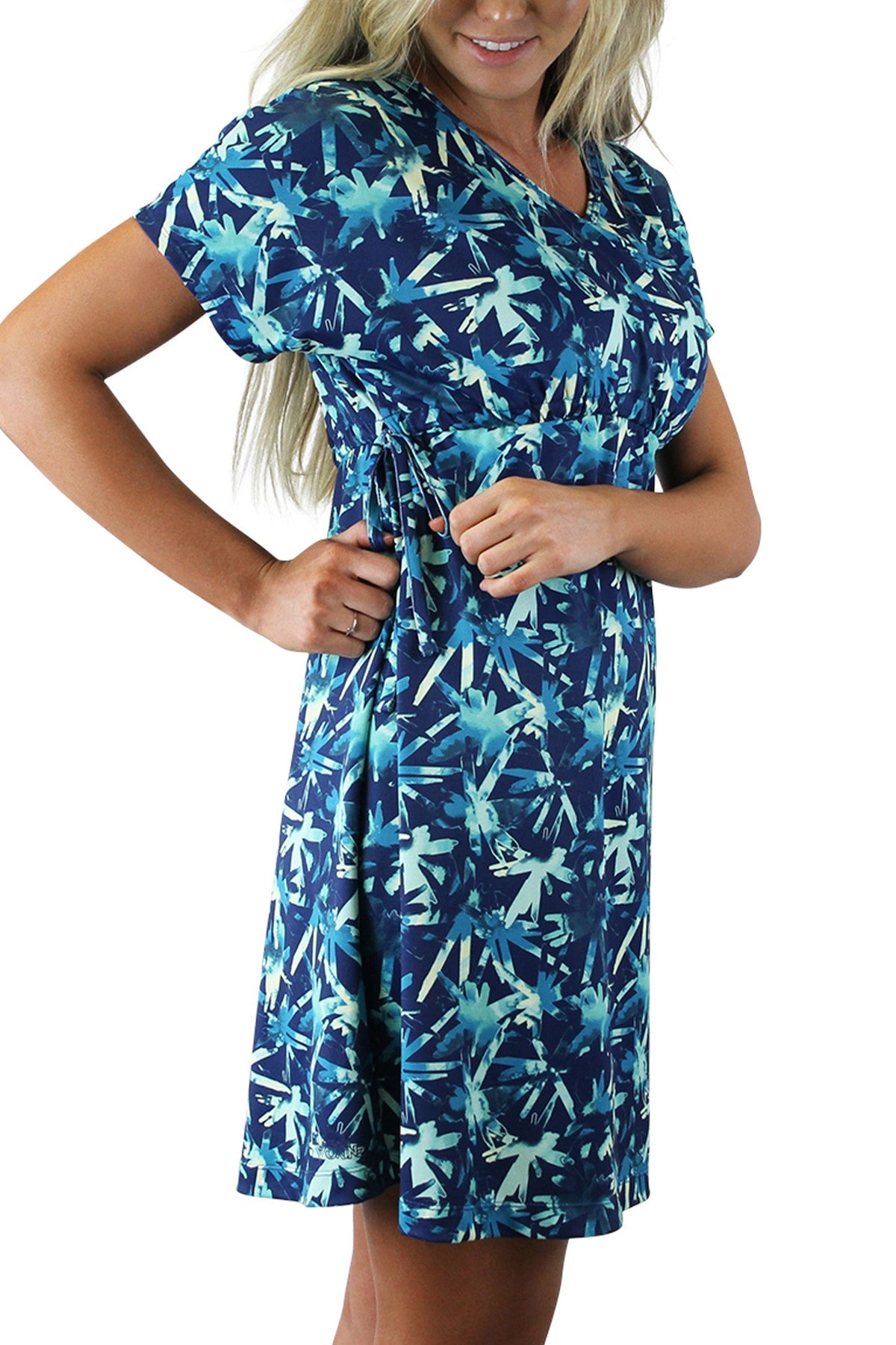 Side view of the women's beach cover up in tie dye burst