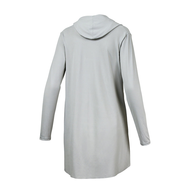 Back of the women's hooded beach cover up in cool grey|cool-grey