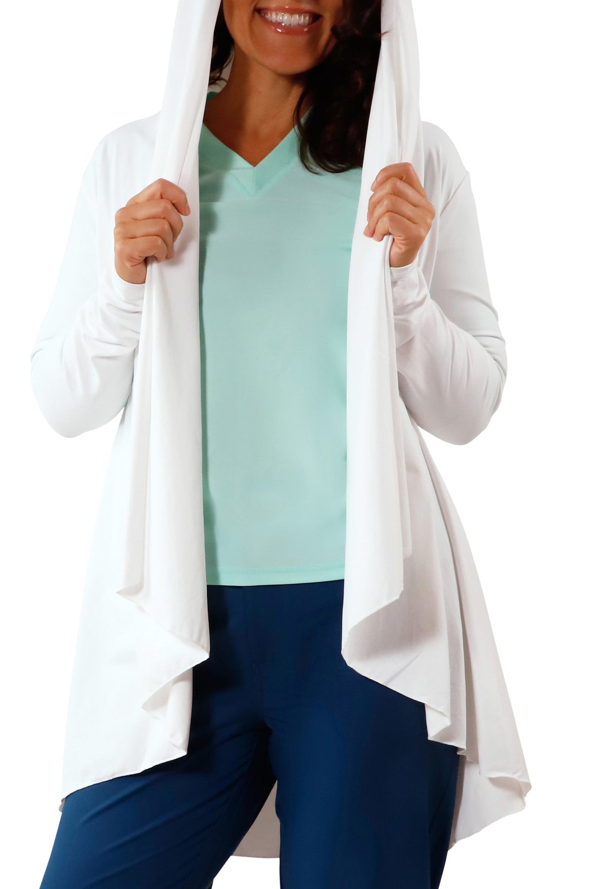 hooded view of women's hooded beach cover up in white|white