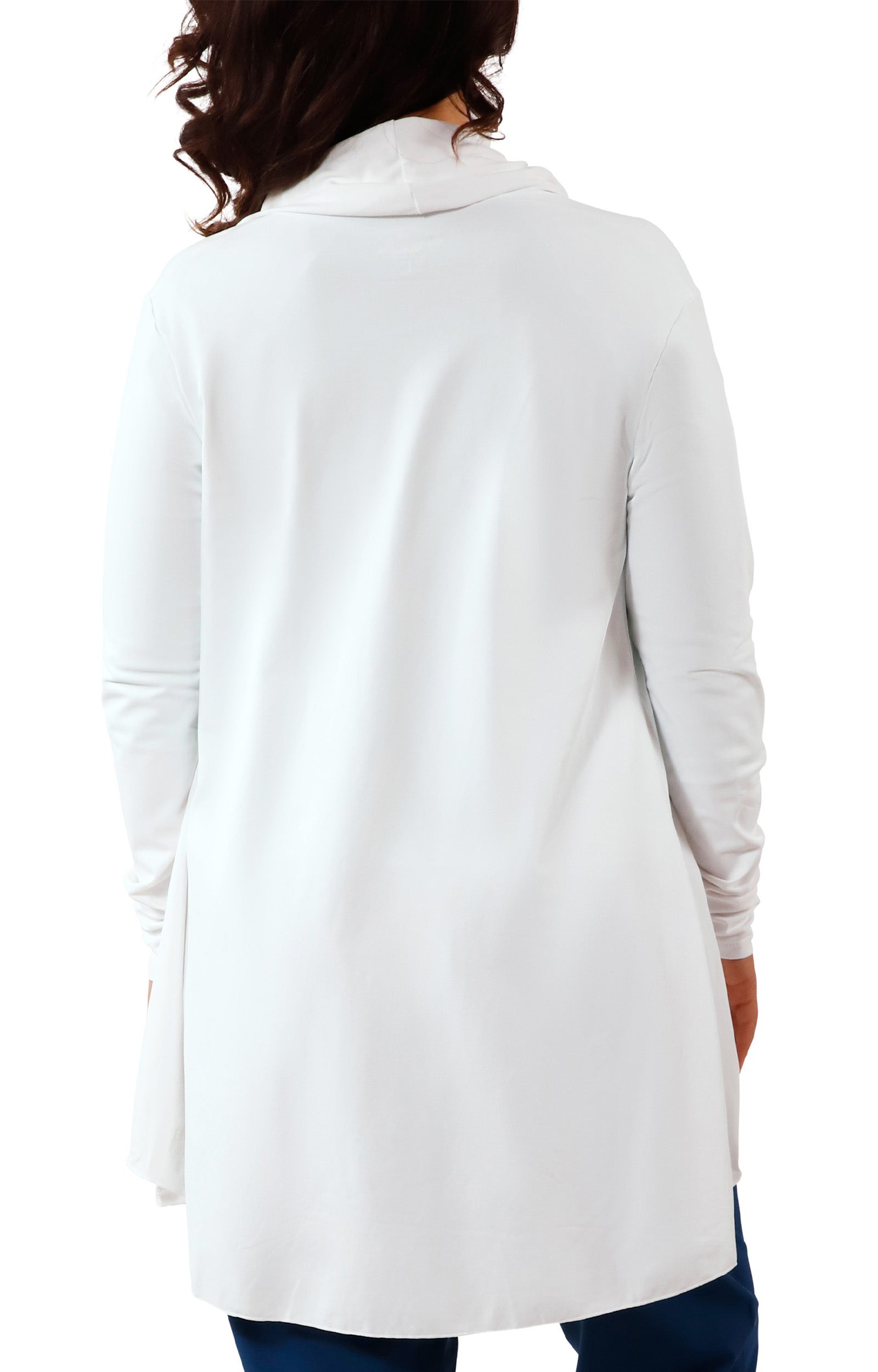 back view of women's hooded beach cover up in white|white