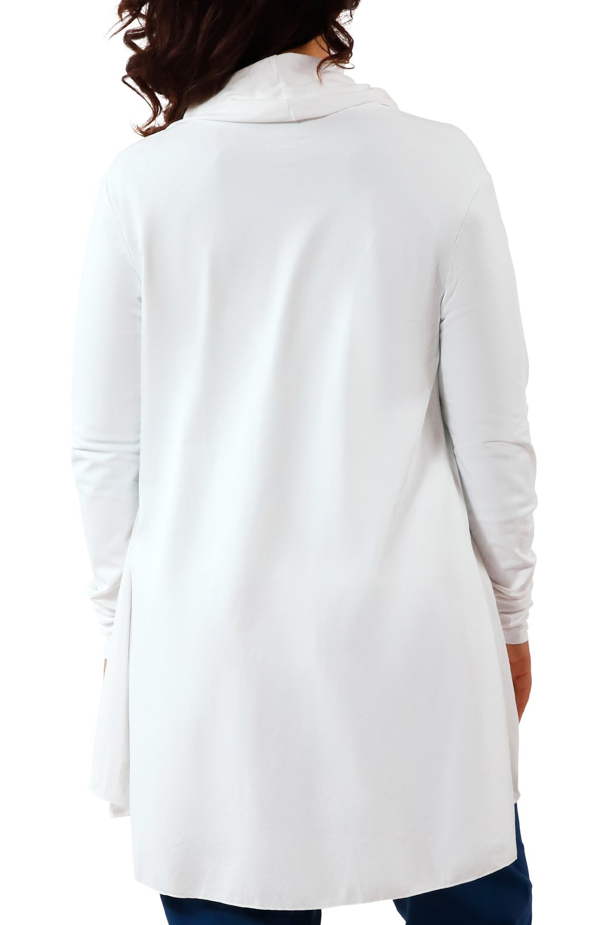 back view of women's hooded beach cover up in white|white