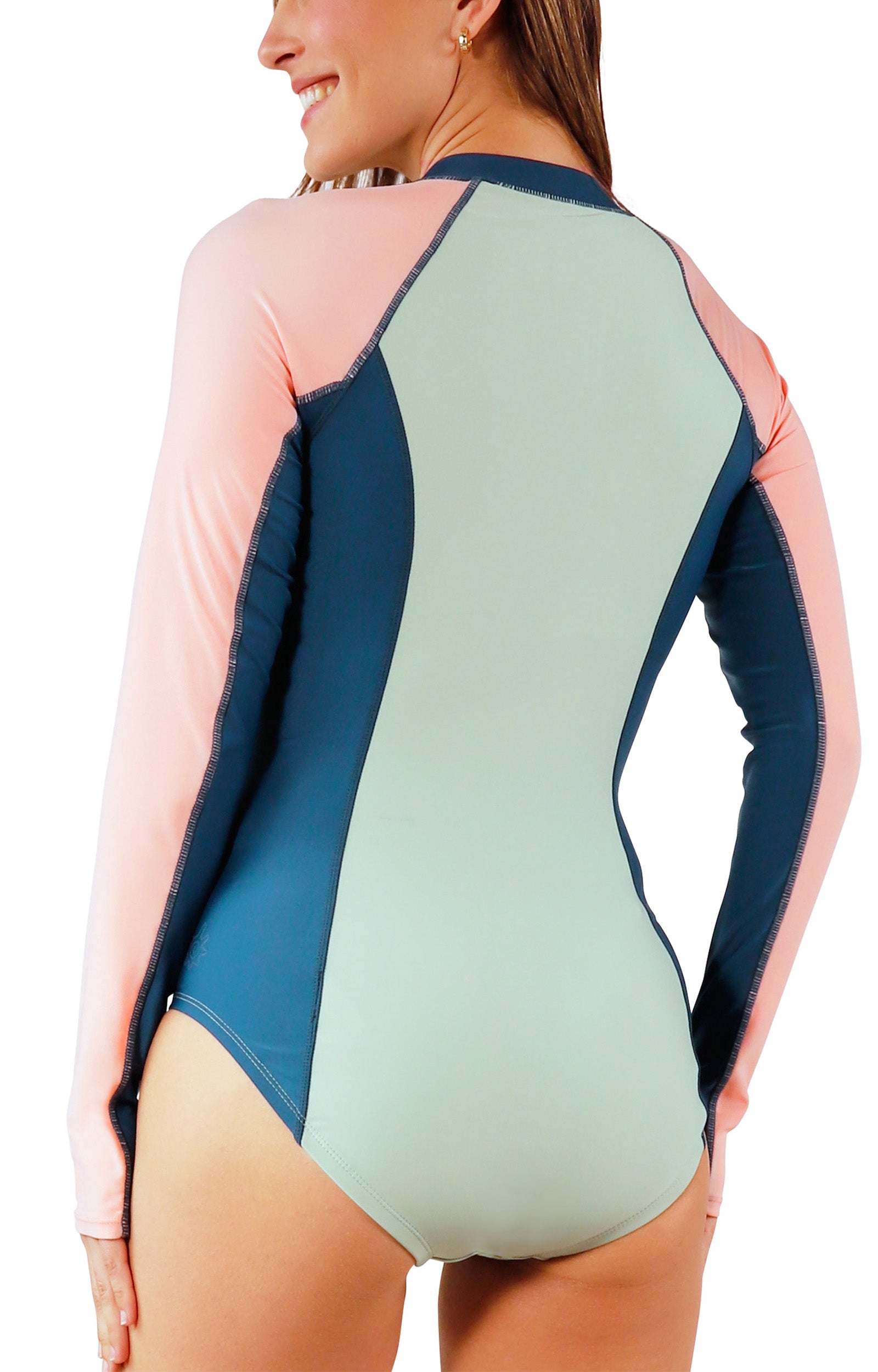 back of womens LS half zip swimsuit|frosty-green-colorblock