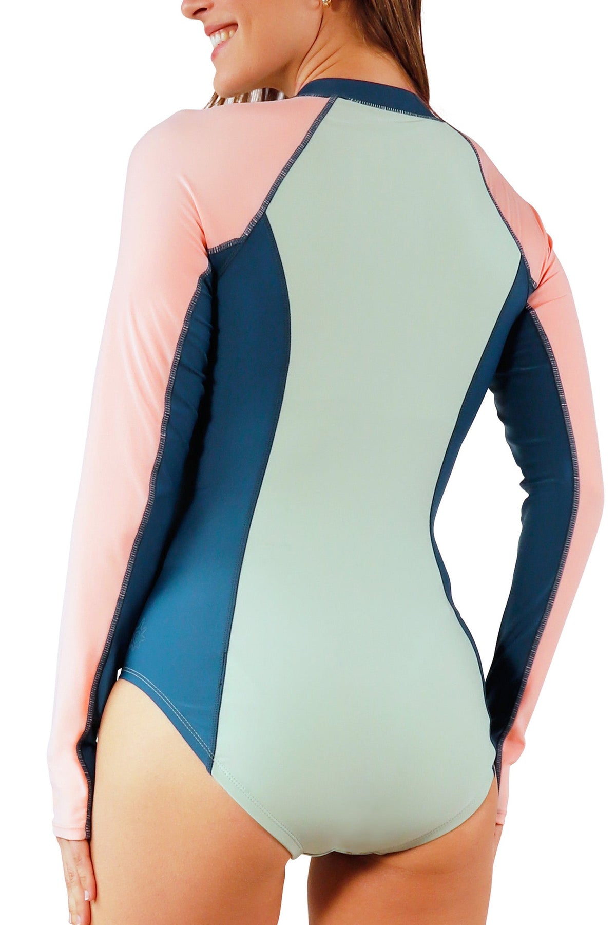 back of womens LS half zip swimsuit|frosty-green-colorblock