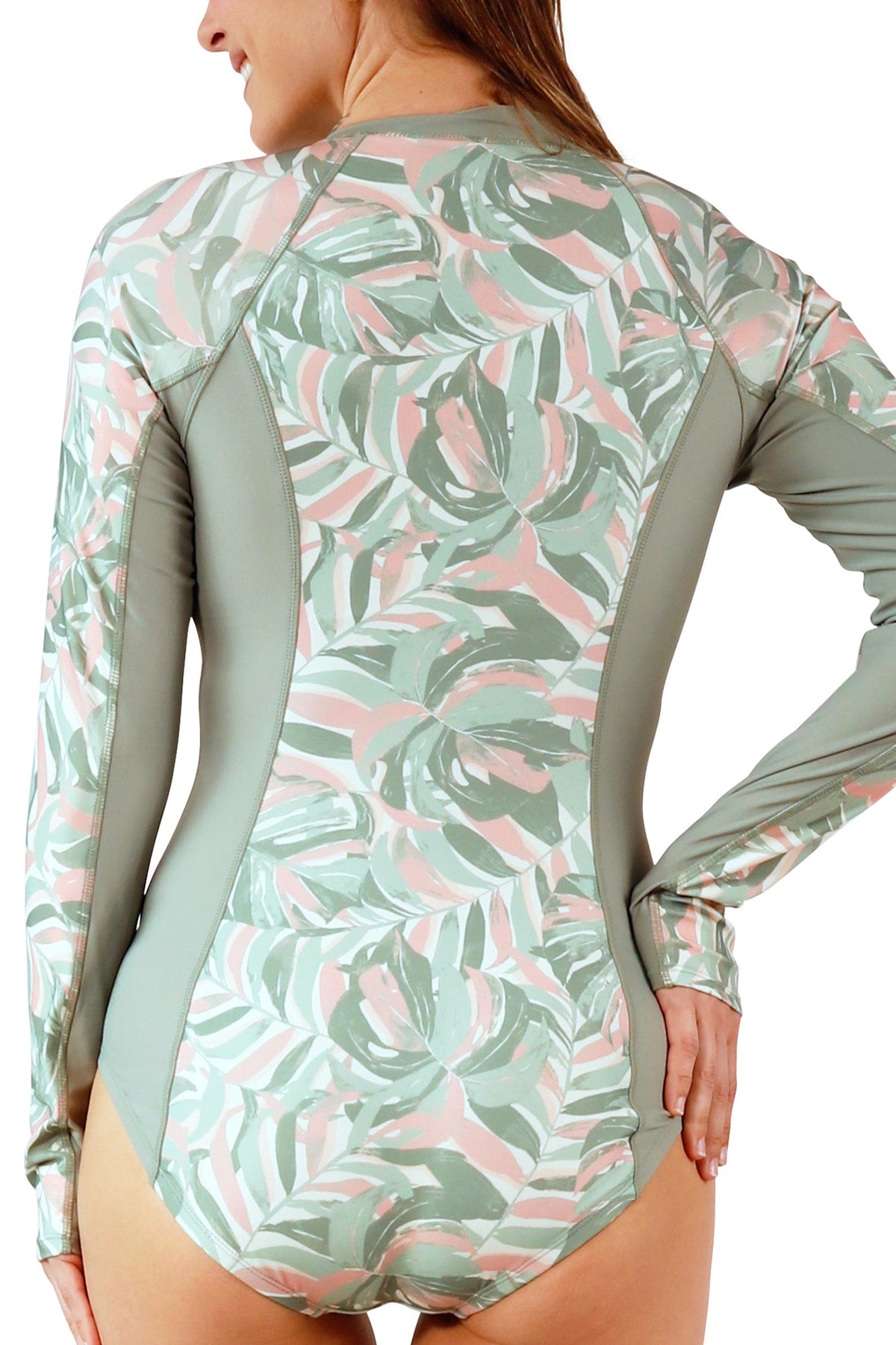 back of womens LS half zip swimsuit|island-canopy
