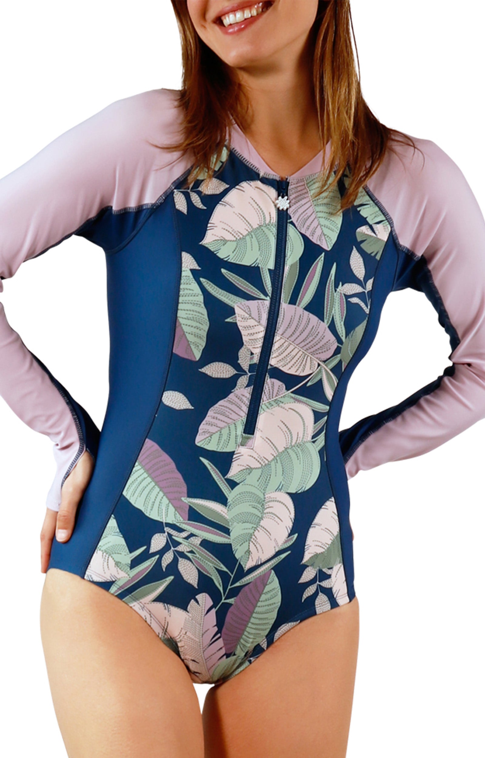women's long sleeve half zip swimsuit in midnight leavescape|midnight-leavescape