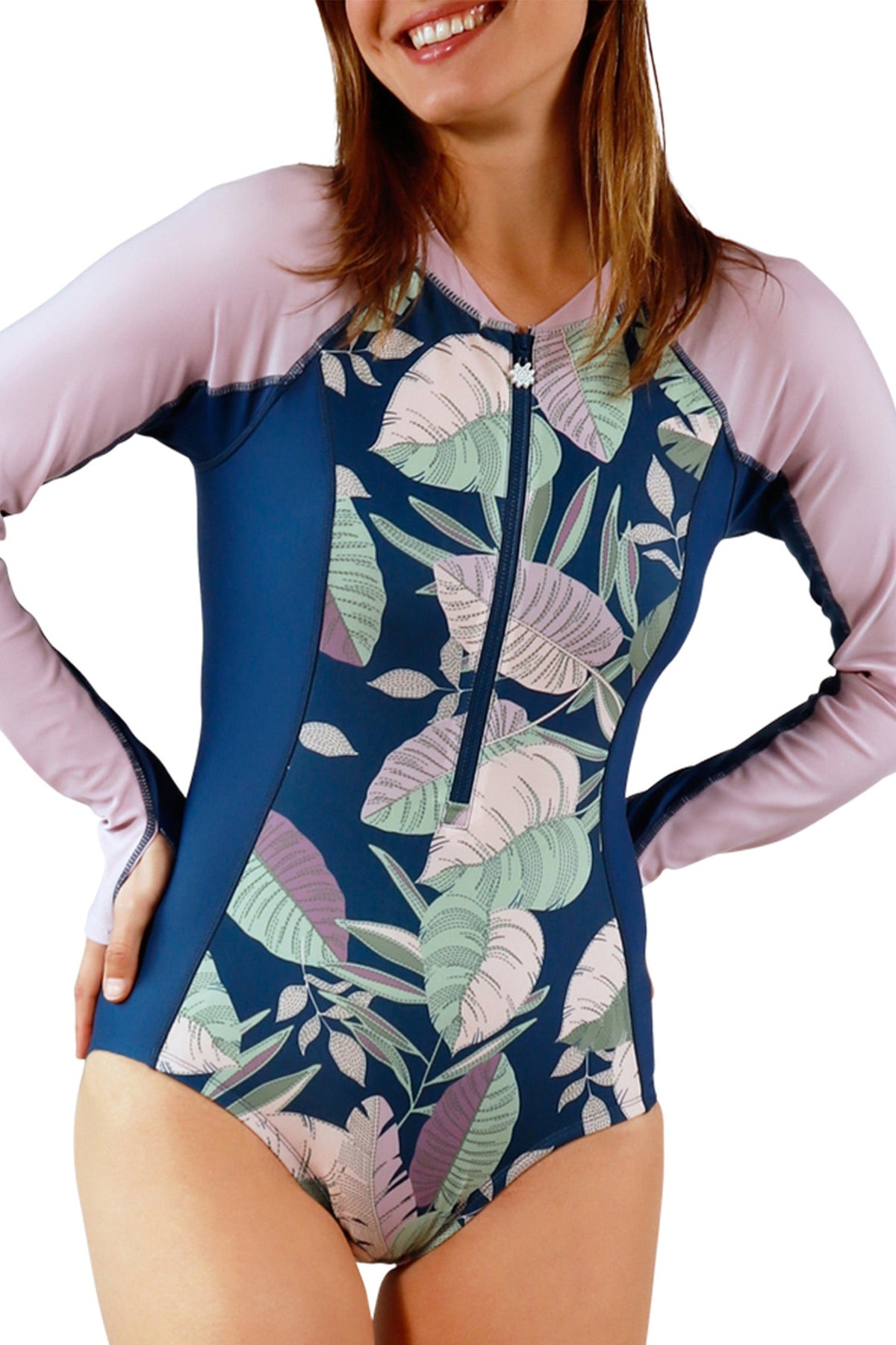 women's long sleeve half zip swimsuit in midnight leavescape|midnight-leavescape