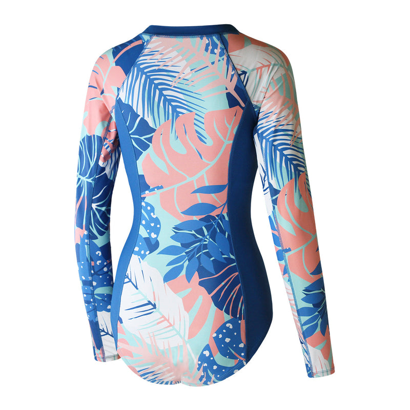 back of the women's long sleeve swimsuit with UPF in ocean botanical|ocean-botanical