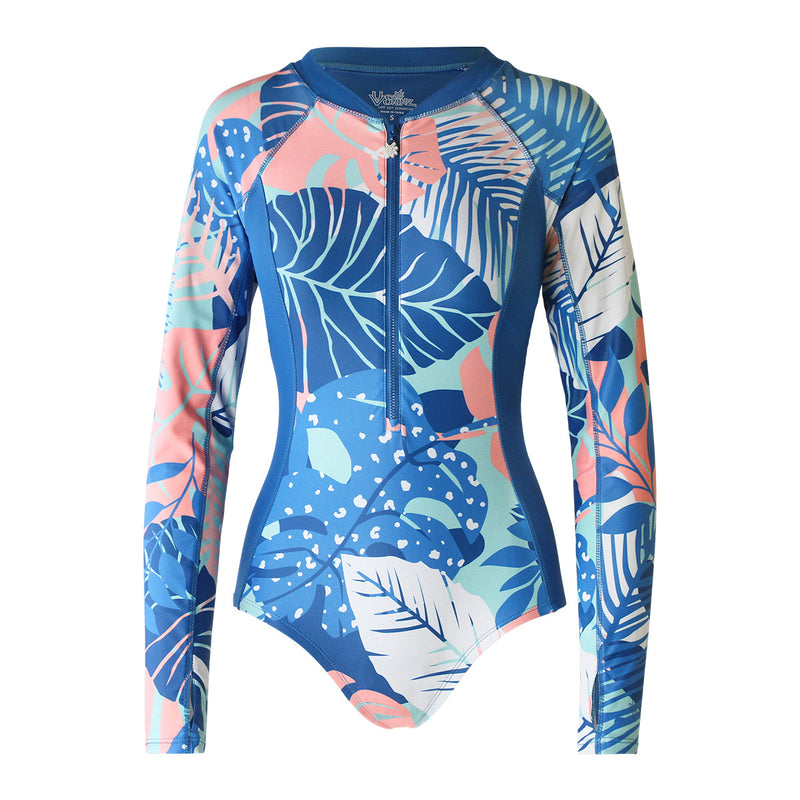 women's long sleeve swimsuit with UPF in ocean botanical|ocean-botanical