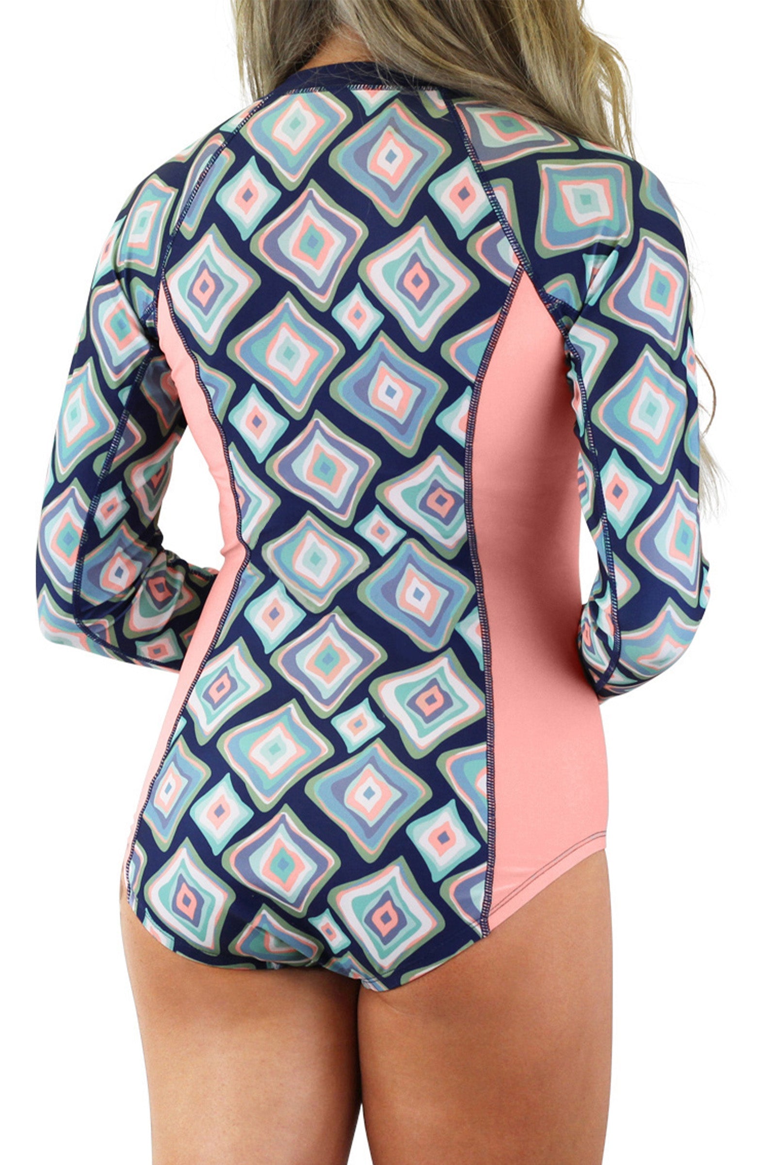 back of the women's long sleeve swimsuit with UPF in retro diamonds|retro-diamonds