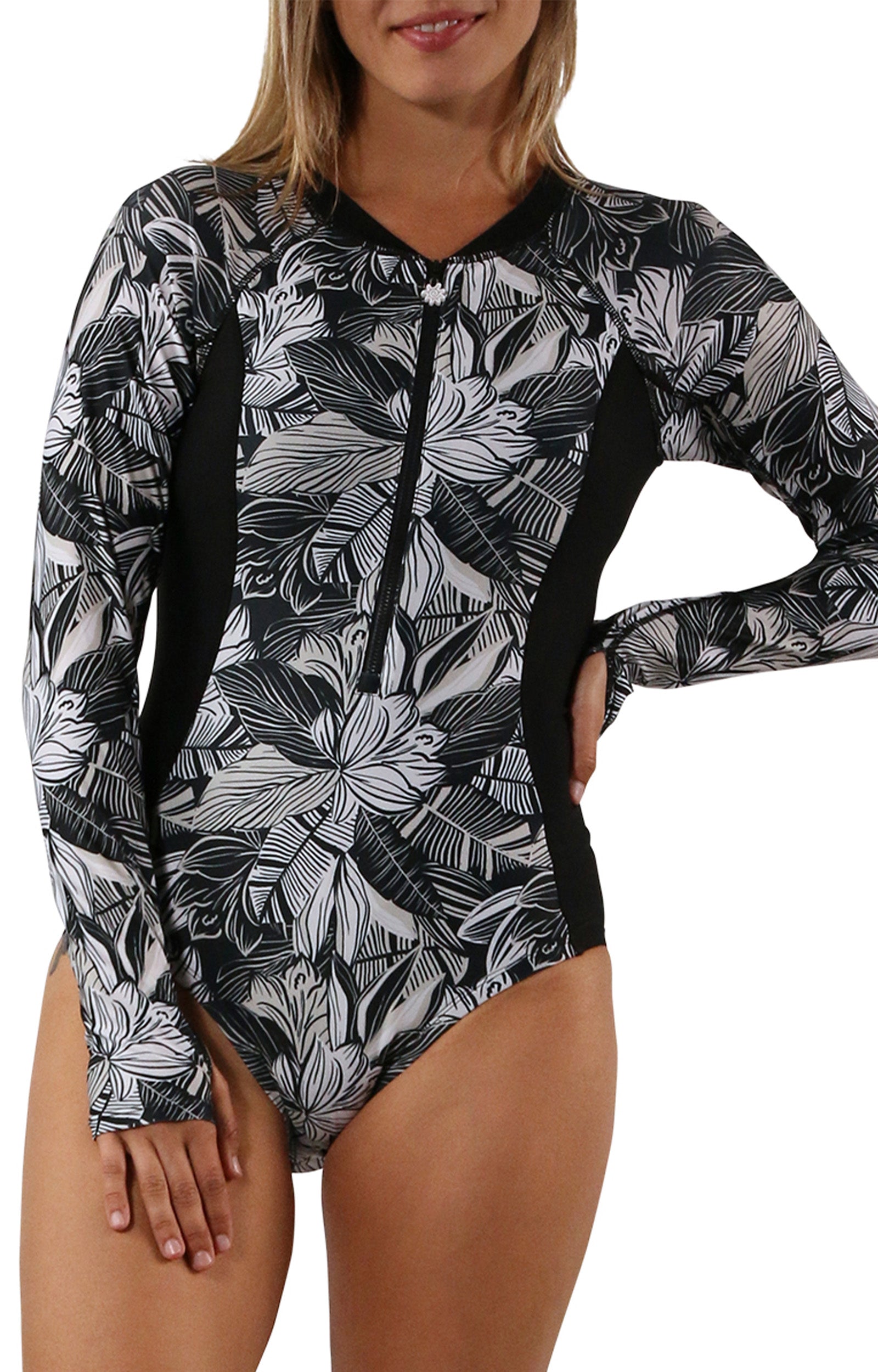 women's long sleeve swimsuit with UPF in woodblock tropics|woodblock-tropics