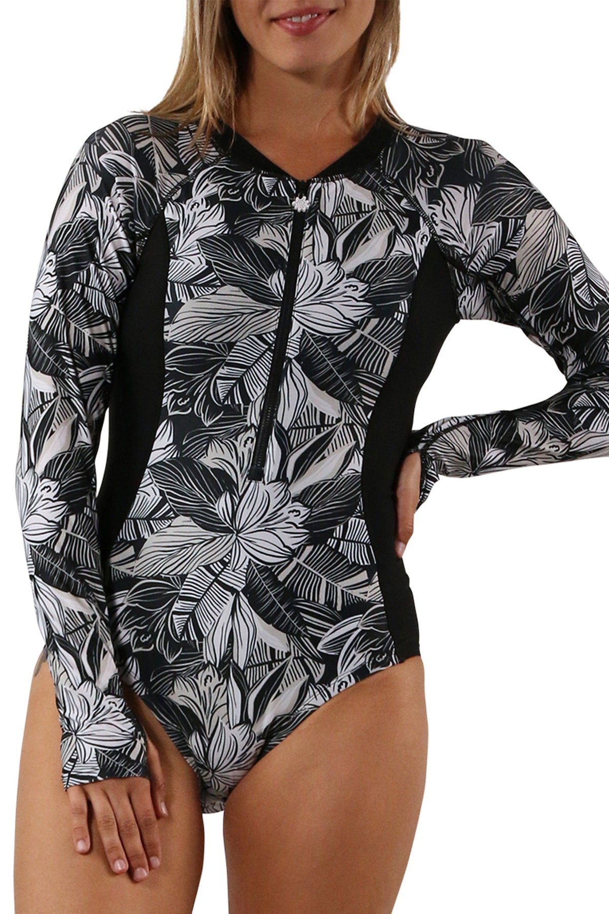 women's long sleeve swimsuit with UPF in woodblock tropics|woodblock-tropics