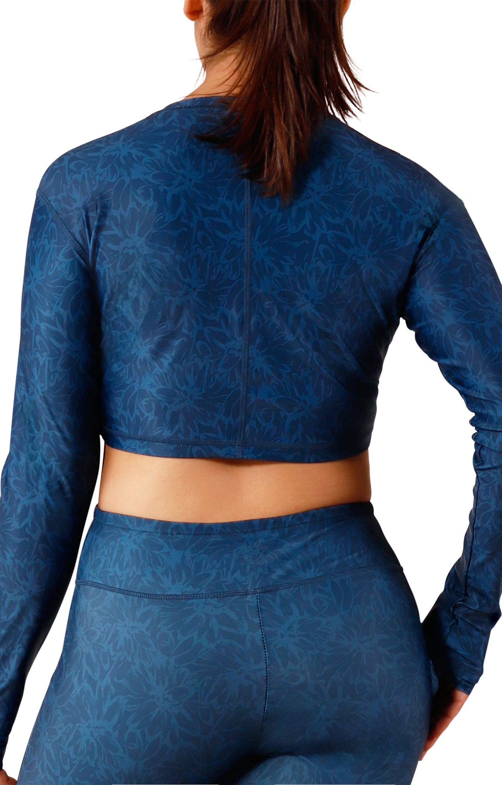 back view of women's active swim shrug in midnight garden|midnight-garden