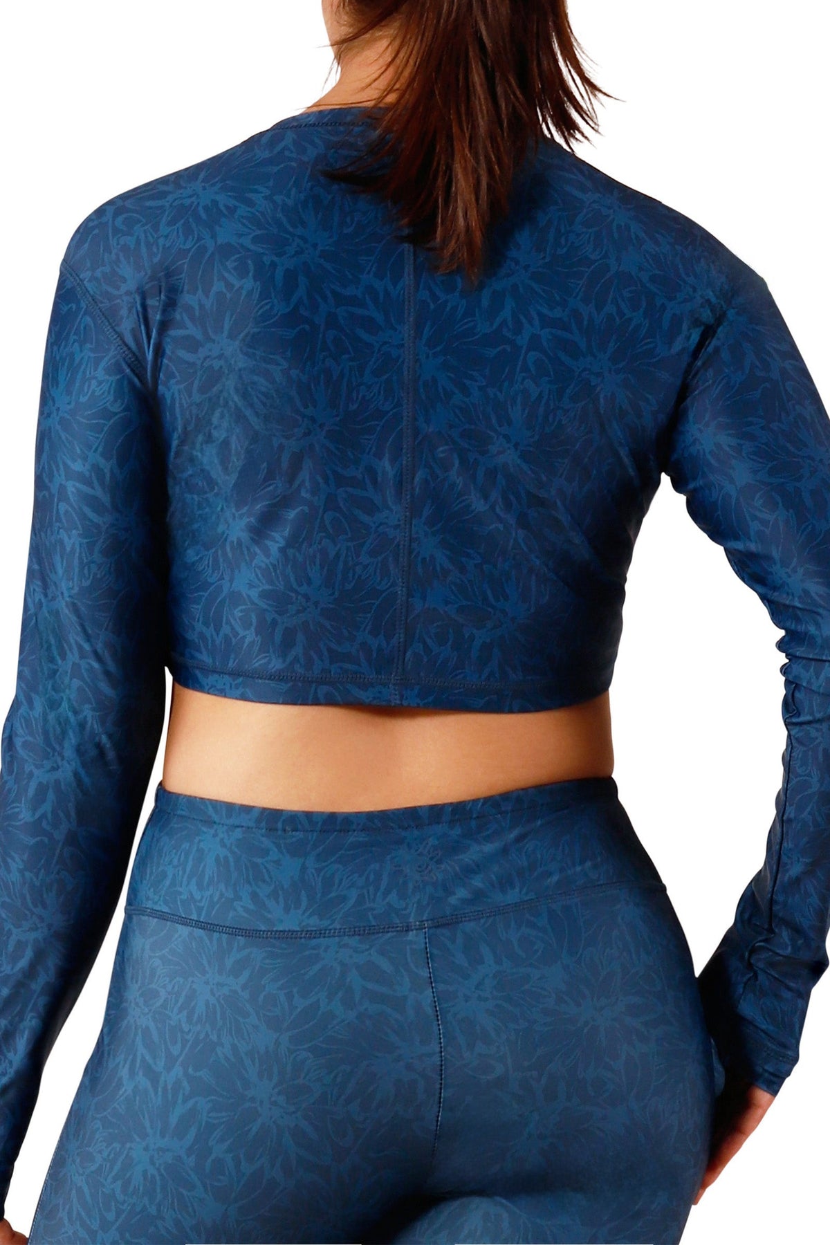 back view of women's active swim shrug in midnight garden|midnight-garden