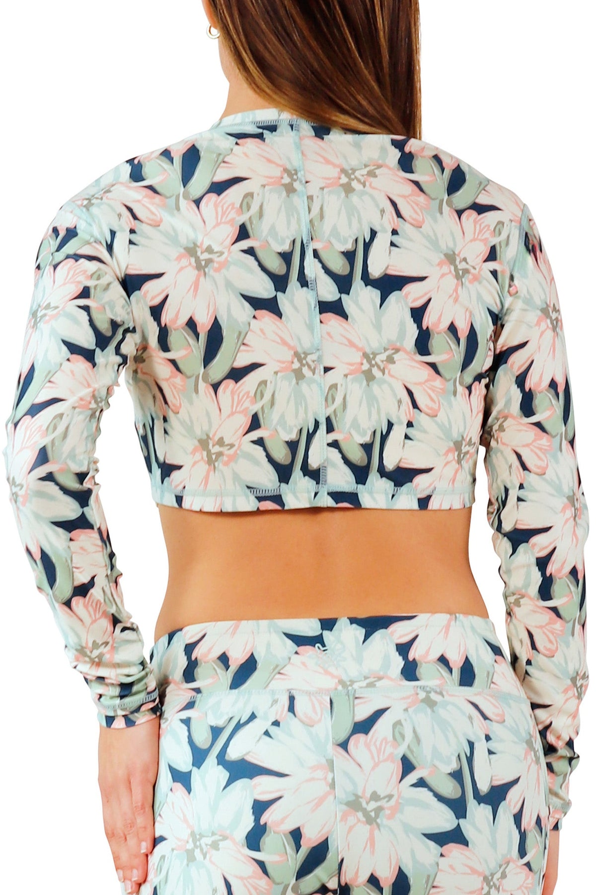 back view of women's active swim shrug in nightfall bloom|nightfall-bloom