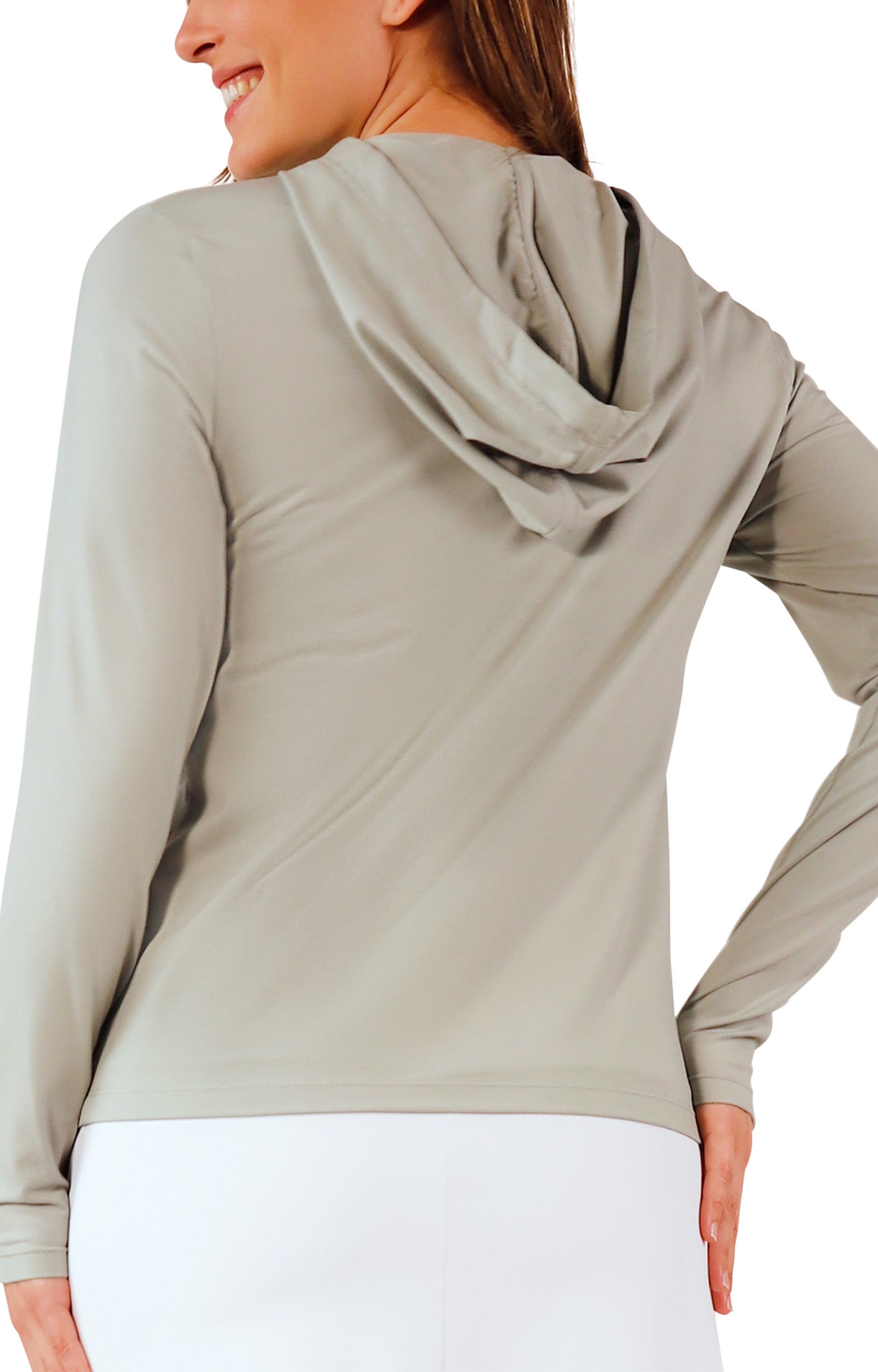 back view of women's everyday hooded jacket in agave|agave