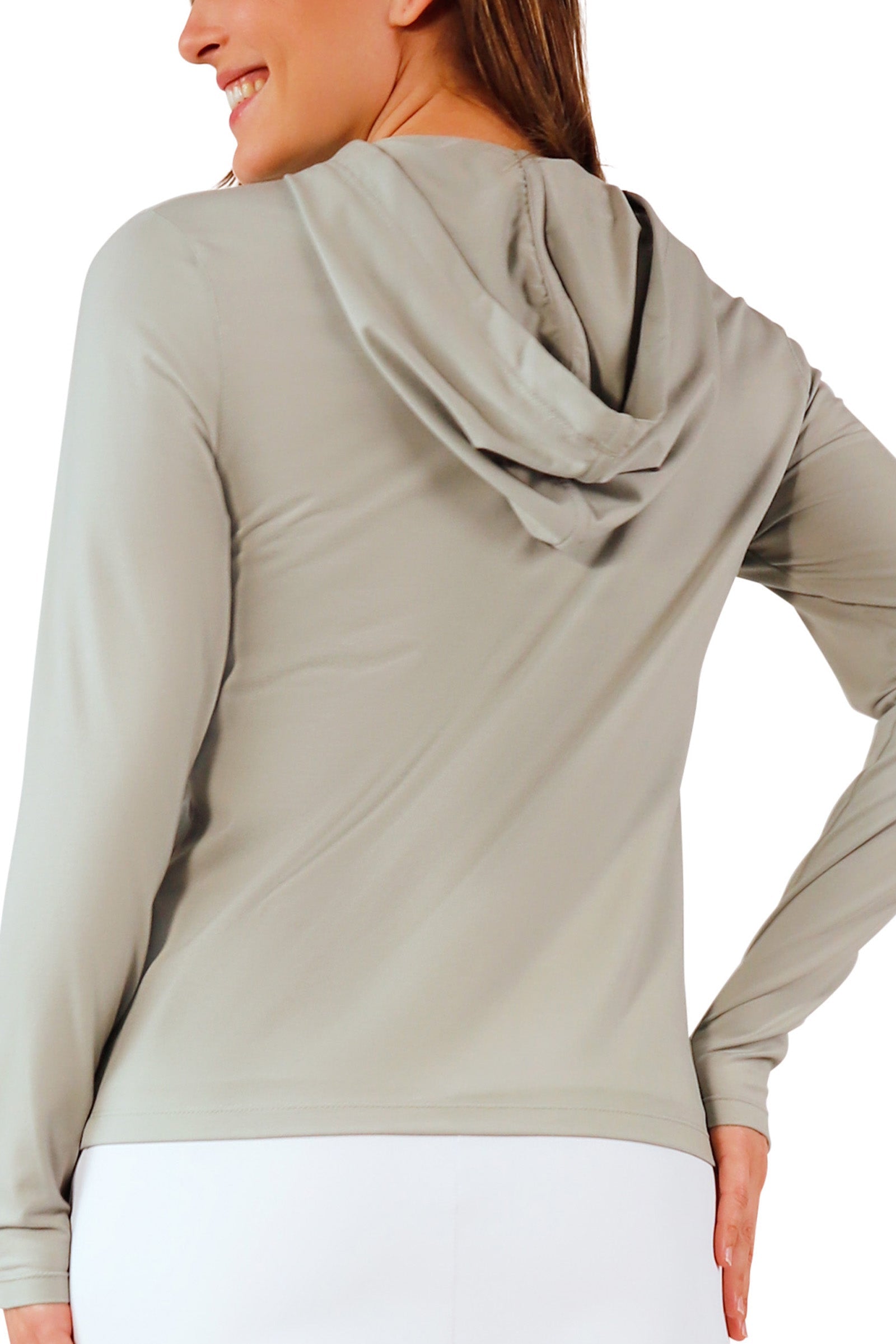 back view of women's everyday hooded jacket in agave|agave